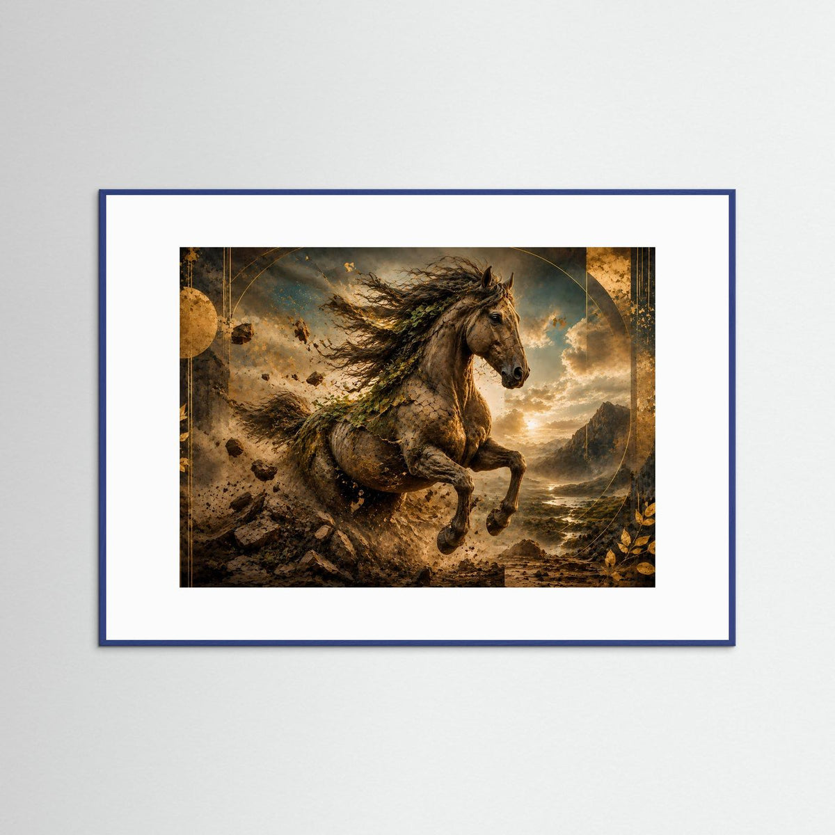 Querformat-Poster mit wildem Pferd, goldbraunem Bergpanorama, blau gerahmt