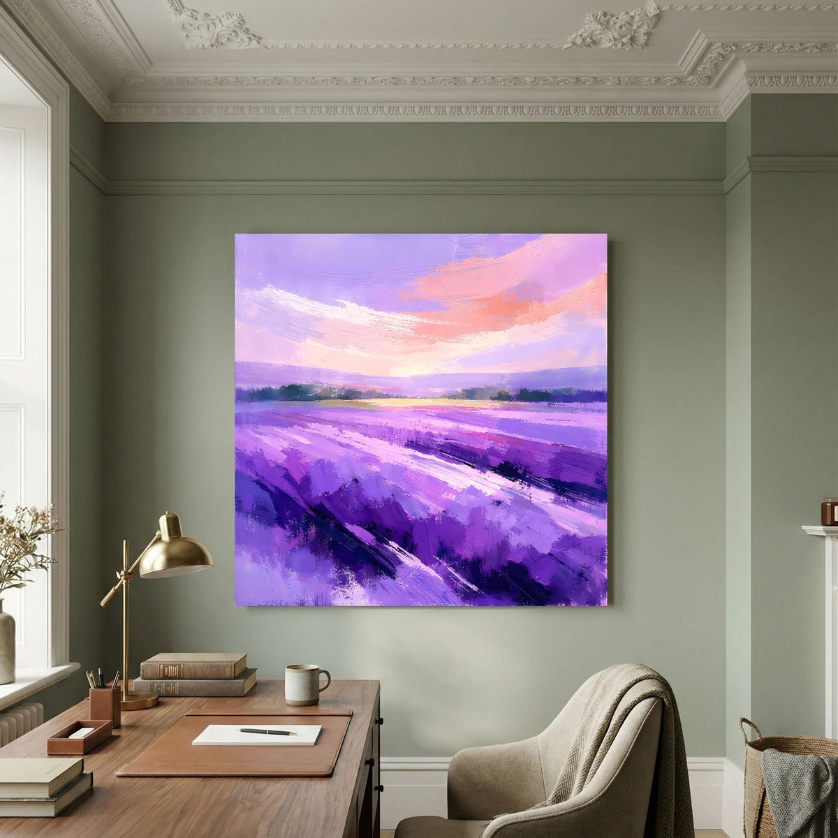 Lila abstraktes Leinwandbild mit Lavendelfeld und violetten Pinselstrichen, rosa Himmel