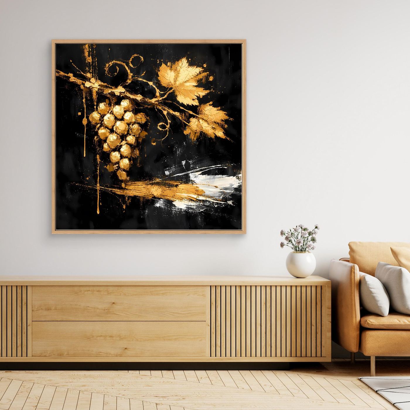 Leinwand Goldene Weintrauben auf Schwarz | Modernes Luxus Wandbild Küche & Wohnzimmer