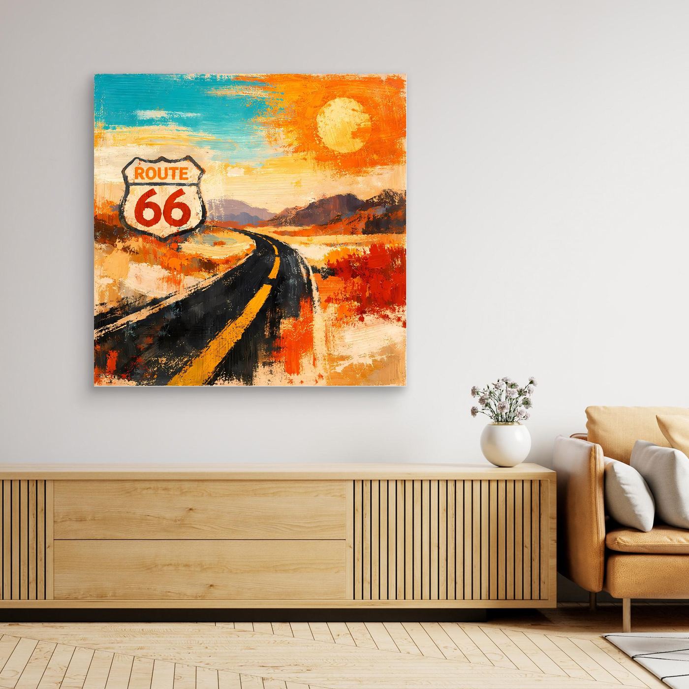 Abstraktes Leinwand-Wandbild „Route 66“ ohne Rahmen, Straße mit Blau-Orange Farbverlauf