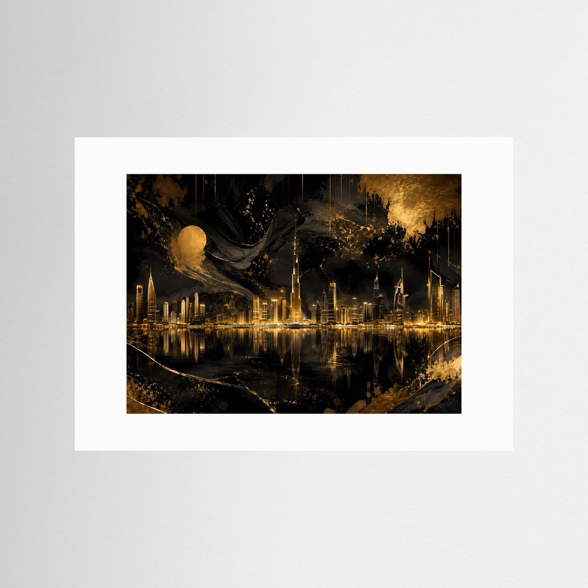 Querformat-Poster Skyline Nacht, schwarz-gold, mit weißem Passepartout und Wasserreflexionen