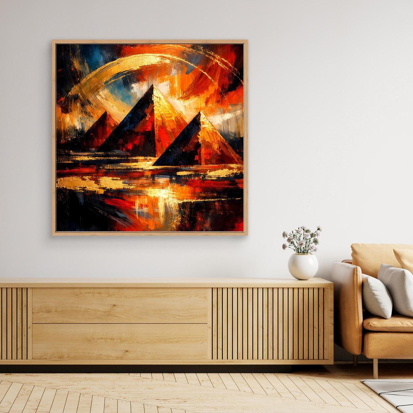 Leinwandbild mit abstrakten Pyramiden in Gold, Rot und Blau, mit hellem Holzrahmen