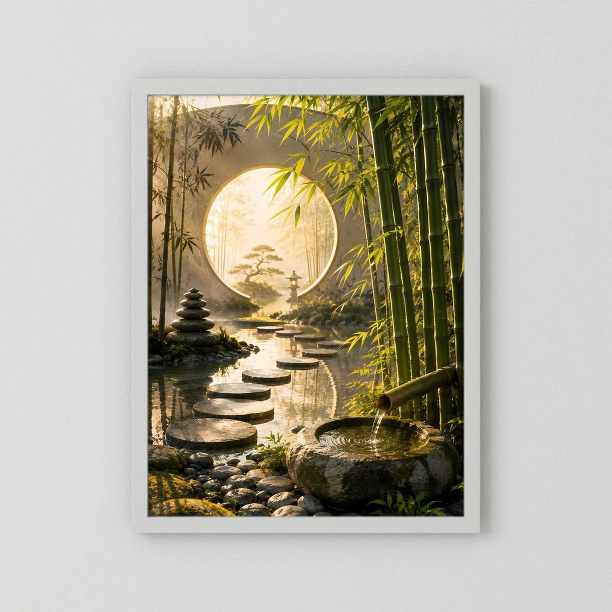 Hochformat-Poster Zen-Garten mit Bambus, Trittsteinen und rundem Mondtor, weißer Rand