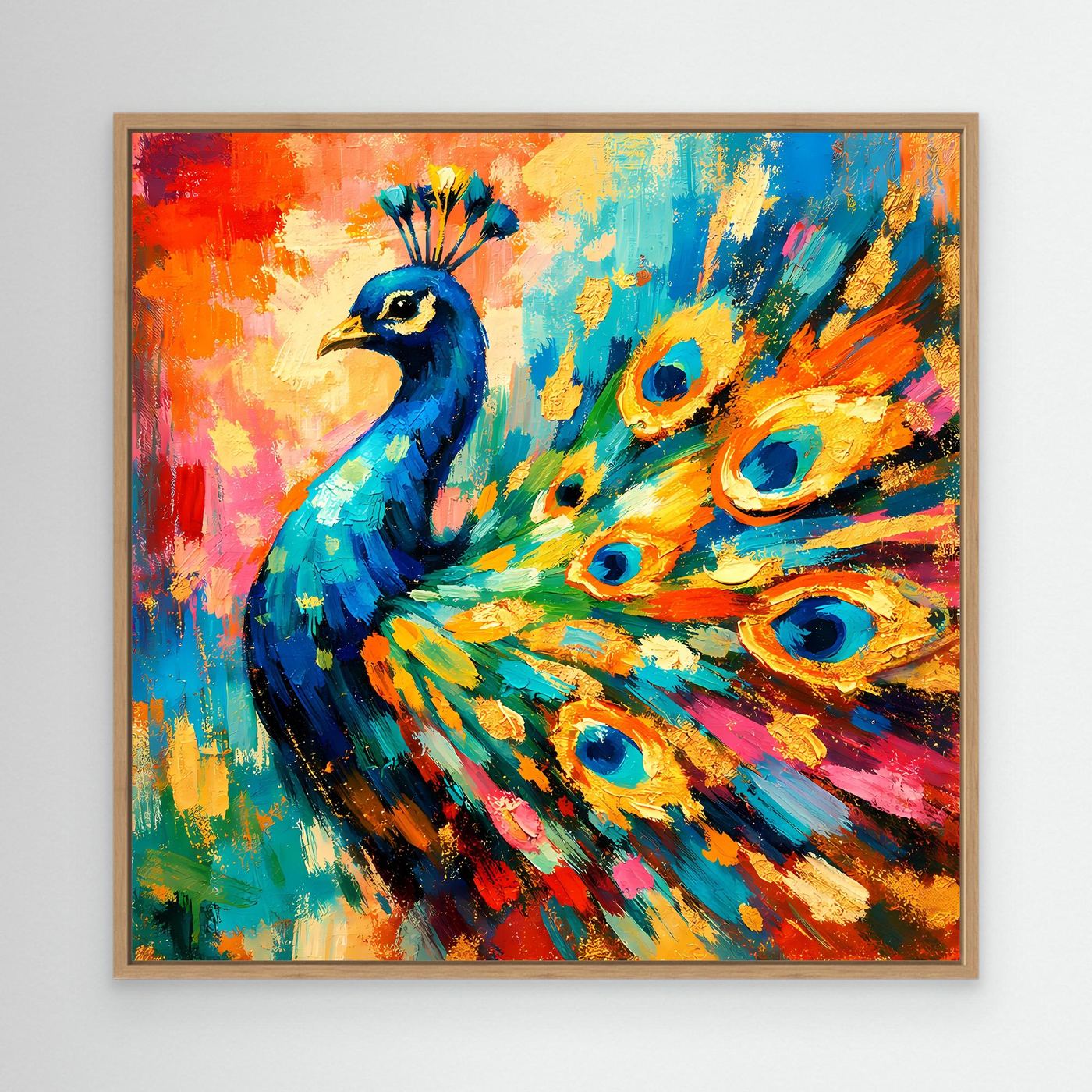 Leinwandbild mit abstraktem Pfau, bunte Pinselstriche, Rahmen in hellem Holz
