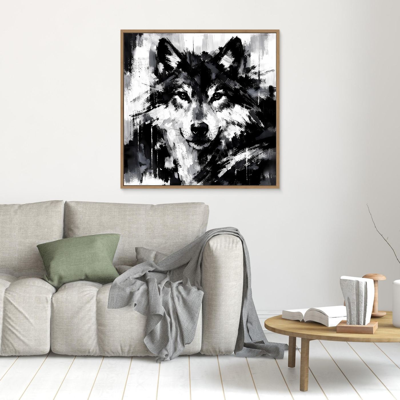 Wolf-Wandbild (Leinwand) in Schwarzweiß, mit braunem Holzrahmen