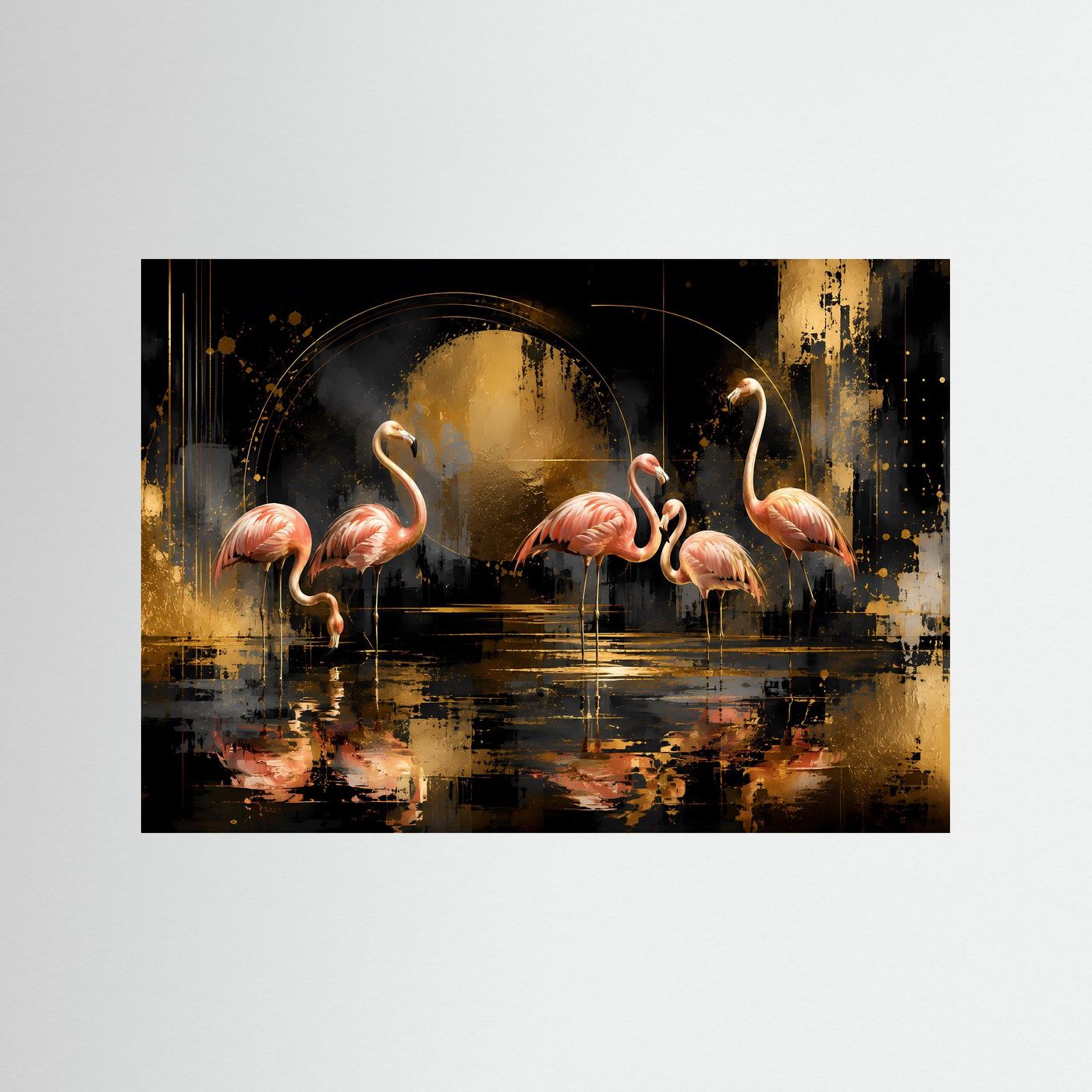 Abstraktes Flamingo-Poster mit schwarzem Rahmen, rosa Flamingos und goldene Akzente im Querformat.