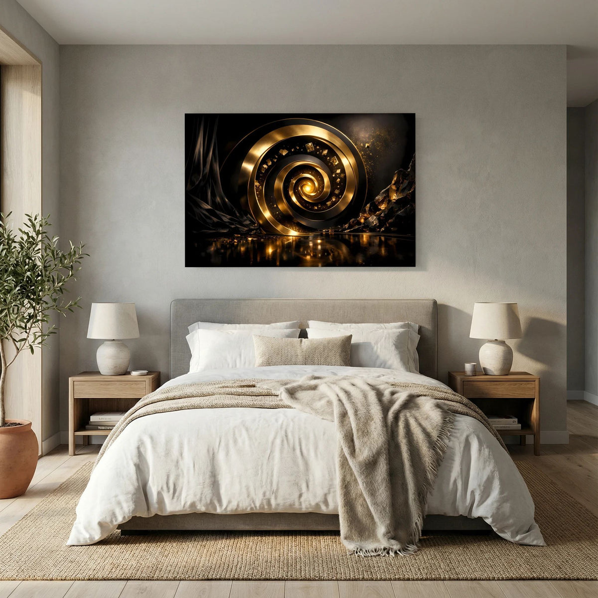 Wandbild mit goldener Spirale im Detail, dunkler Hintergrund und reflektierender Glanz
