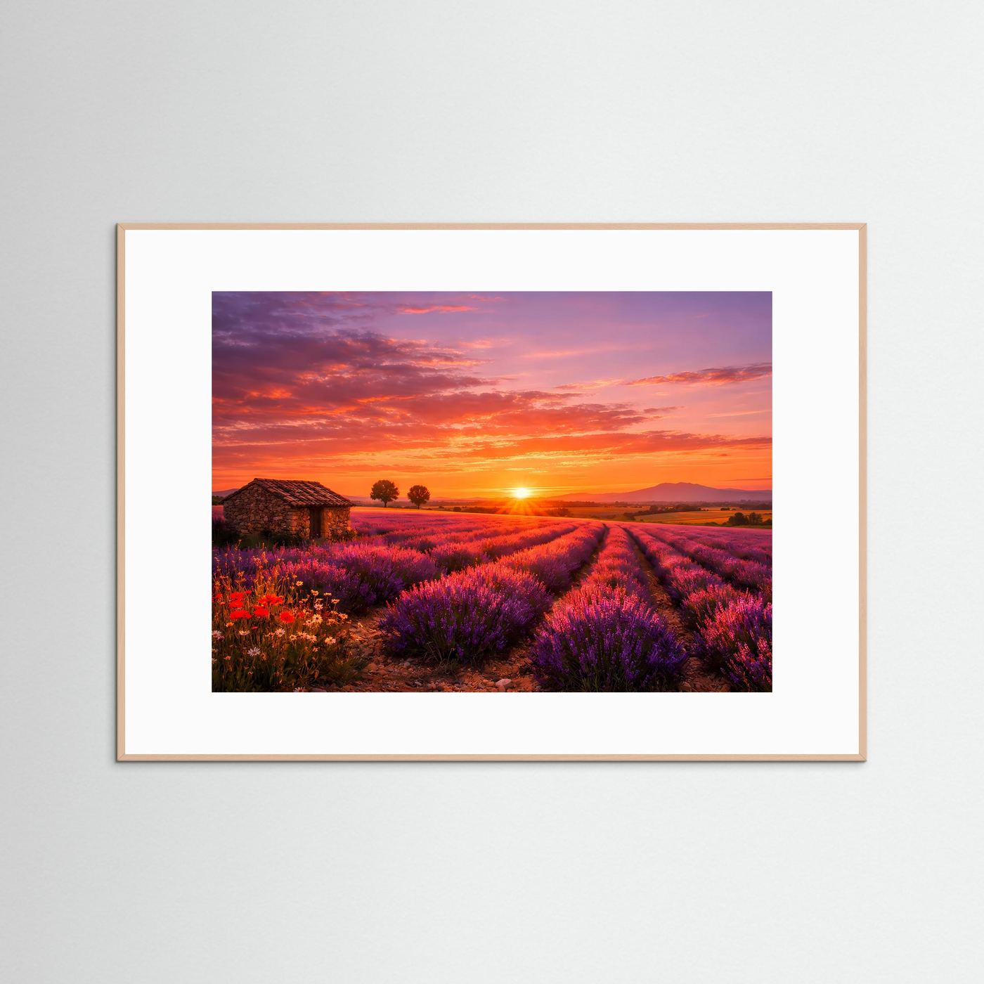 Poster im Querformat mit Lavendelfeld und Steinhütte im Sonnenuntergang, weißer Rahmen