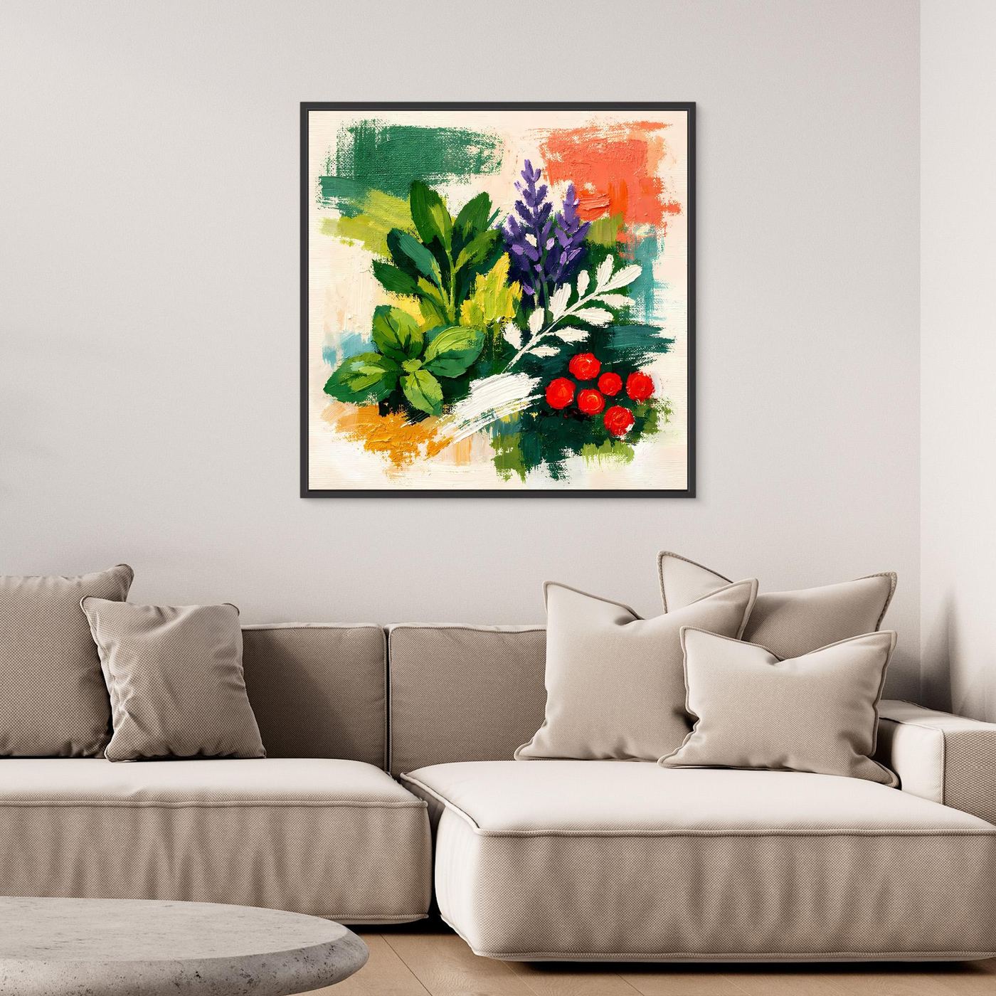 Abstract herb bouquet wall art, black frame, green herbs with purple and red berry accents