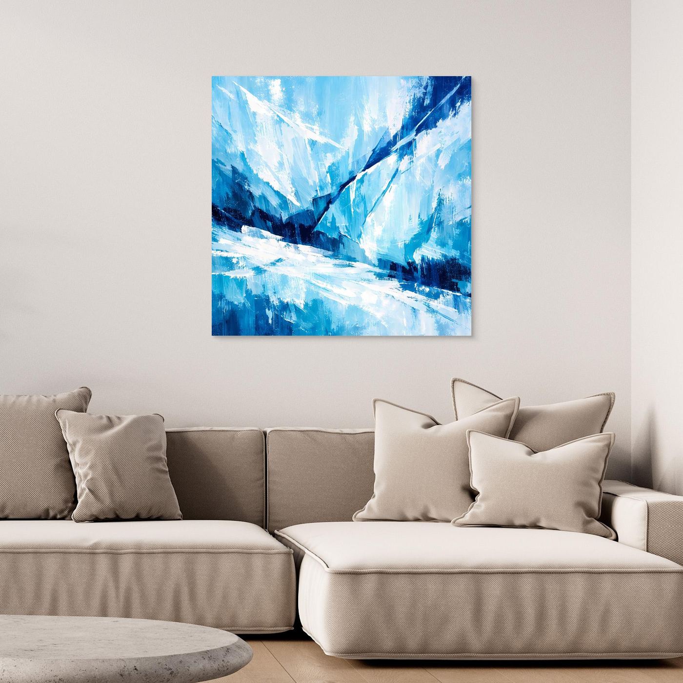 Abstraktes Leinwand-Wandbild mit blauen Gletschern und Kristallen, ohne sichtbaren Rahmen