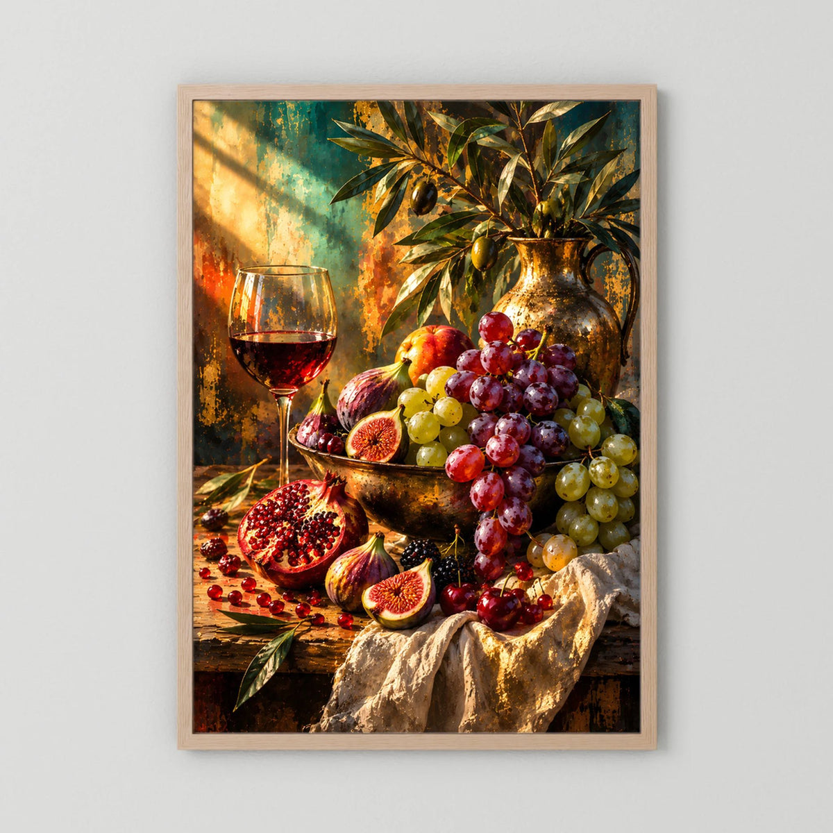 Stillleben-Poster mit Weinglas und Trauben, Feigen & Granatapfel in hellem Holzrahmen