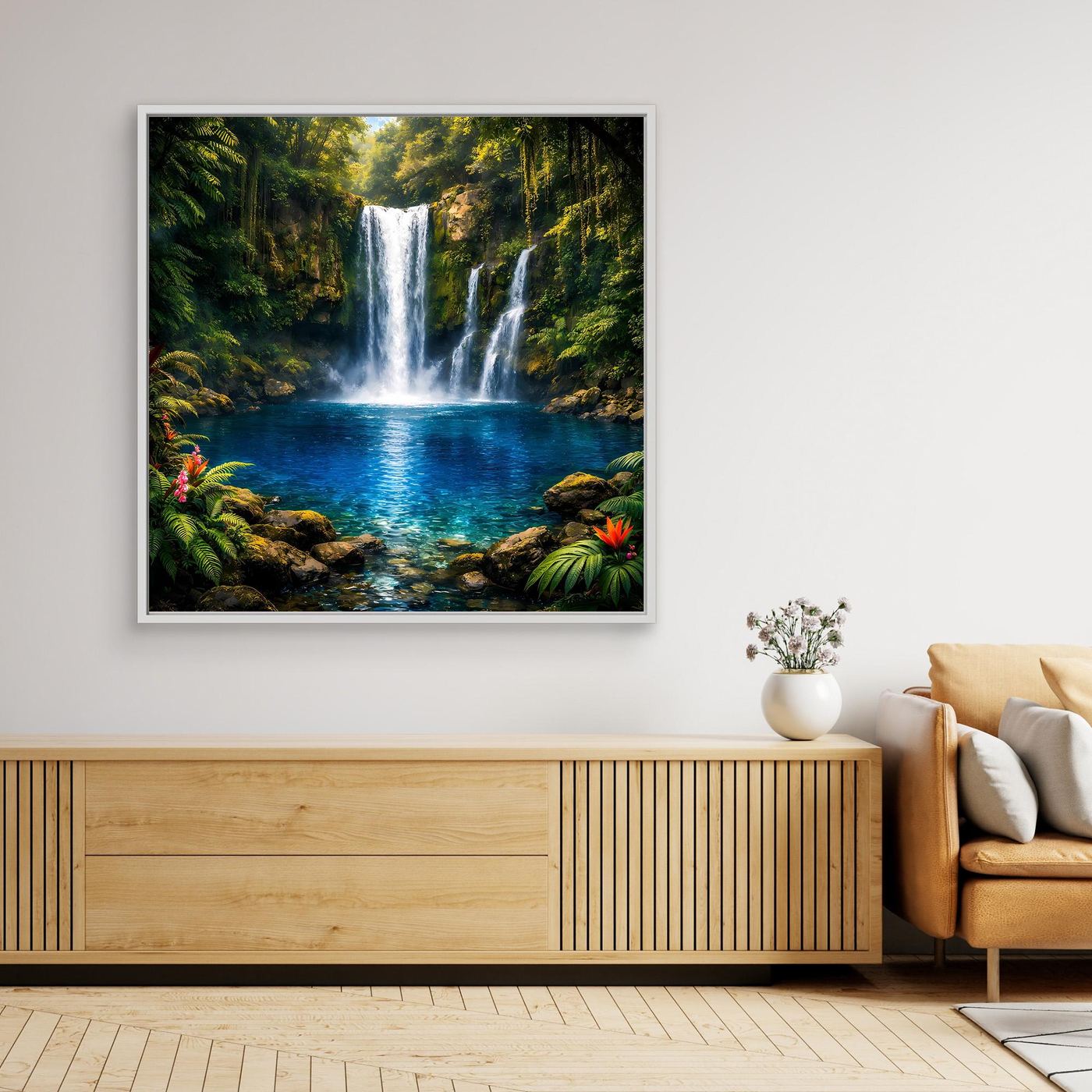 Leinwandbild Tropischer Wasserfall im Dschungel, weißer Rahmen