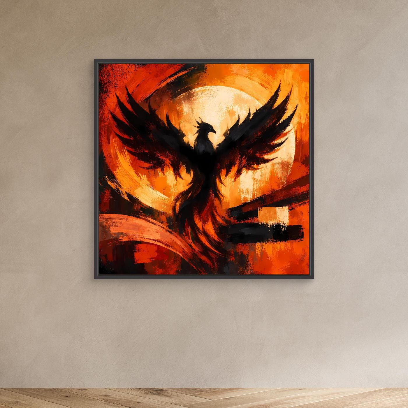 Leinwandbild mit Phönixmotiv im schwarzen Rahmen: schwarzer Vogel in Rot-Orange