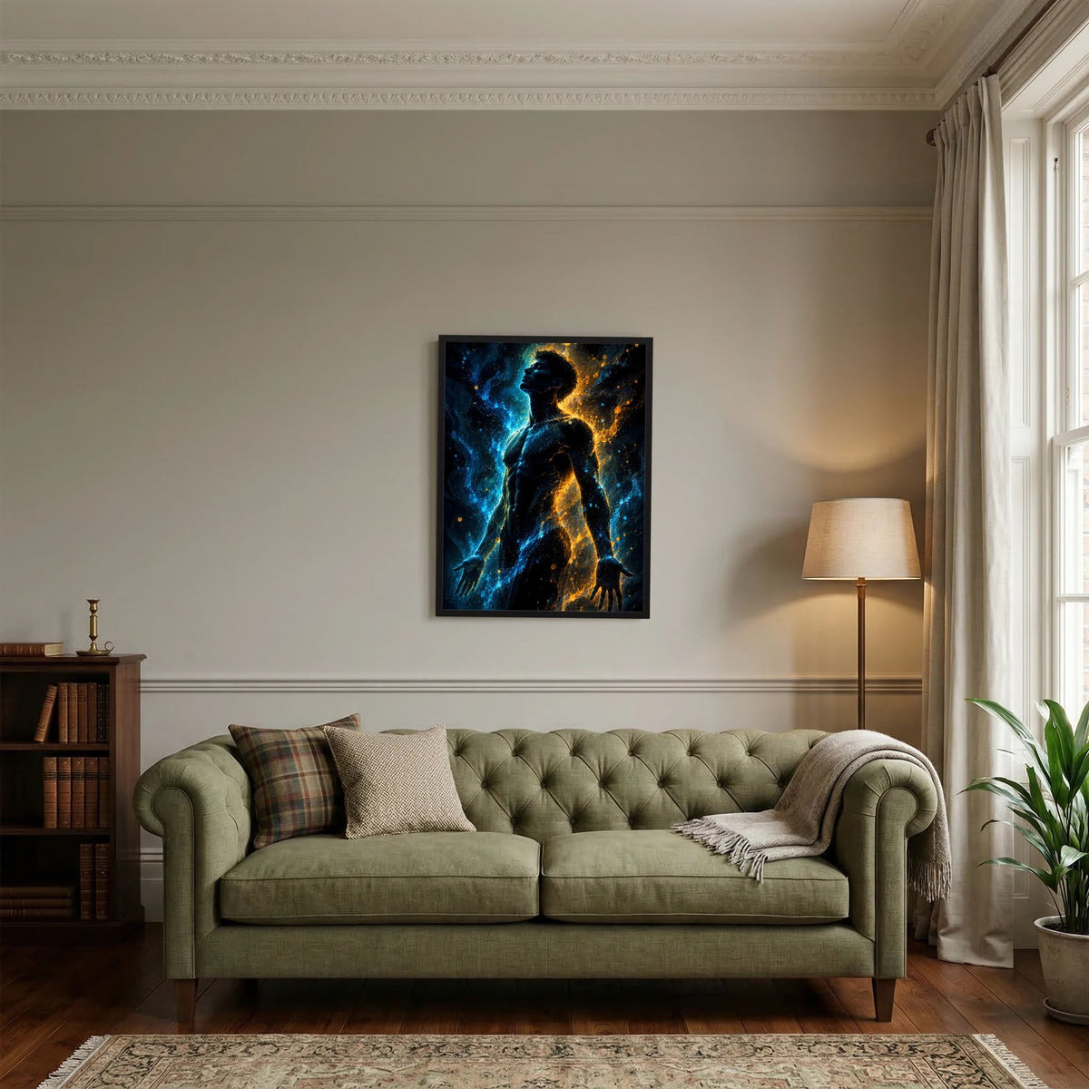Gerahmtes Poster mit männlicher Silhouette in Blau-Gold, als Wandkunst im Wohnraum.