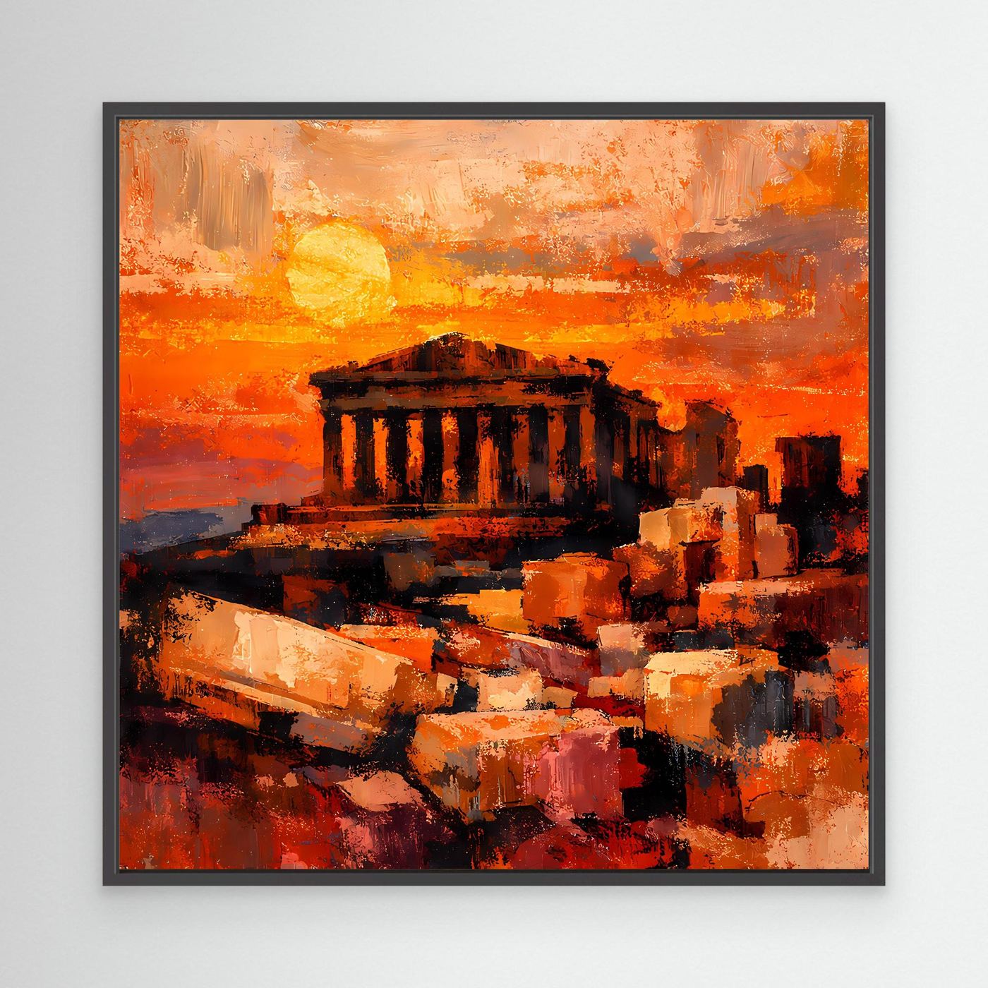 Leinwandbild mit Akropolis im orangefarbenen Sonnenuntergang, schwarzer Rahmen