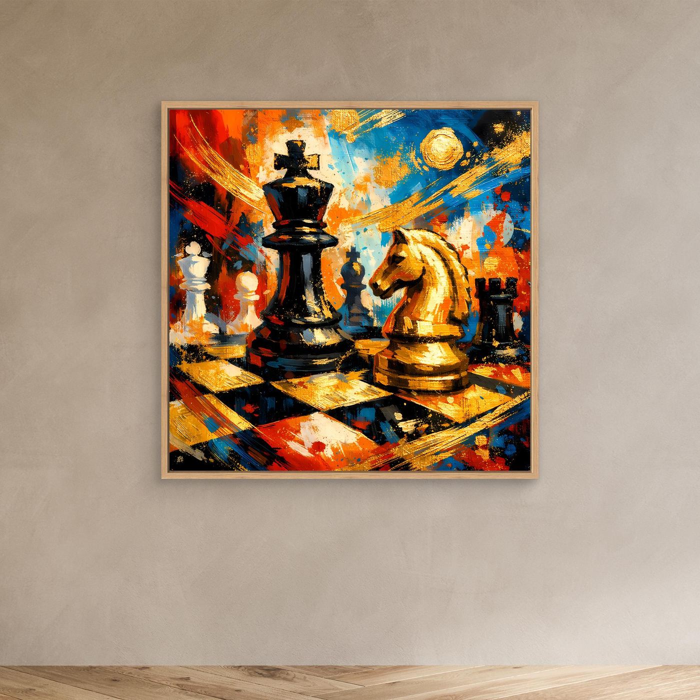 Leinwandbild mit abstraktem Schachspiel, goldfarbener Rahmen: schwarze und goldene Figuren