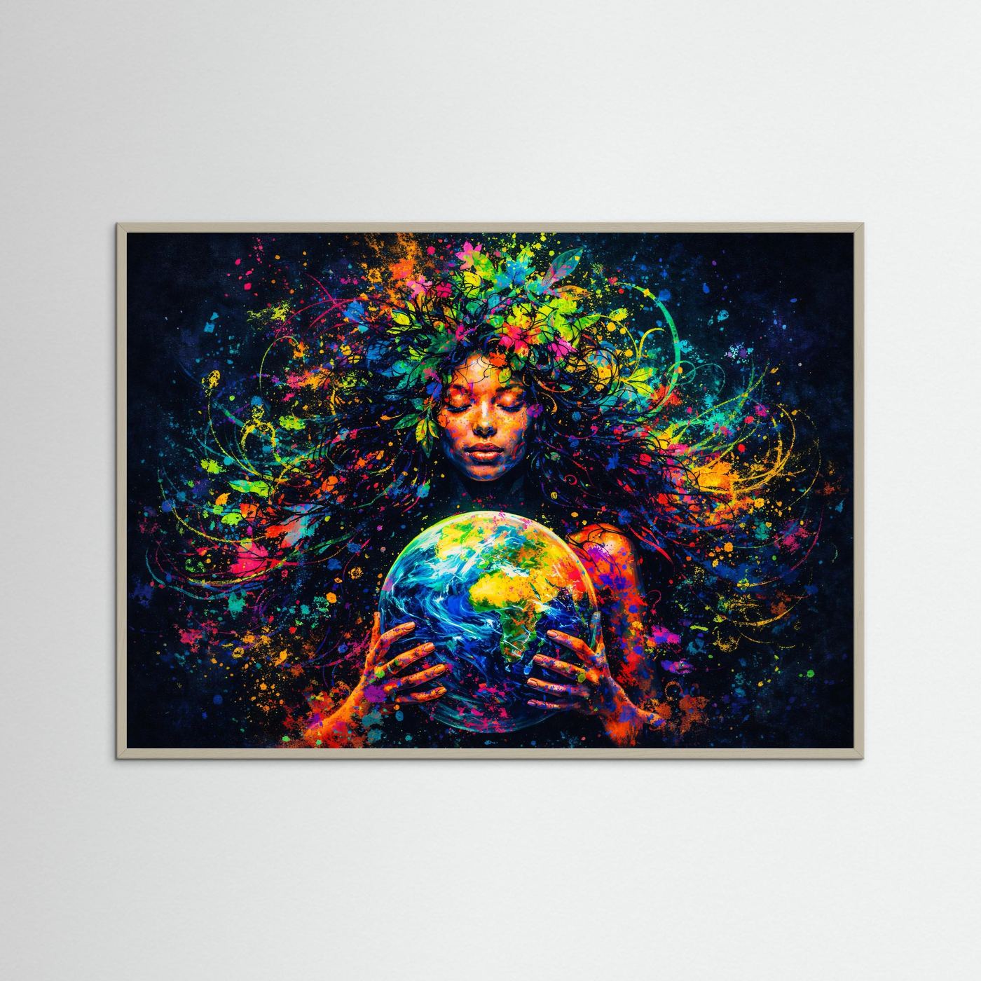 Mutter Erde Kunstmotiv mit Globus | Buntes Natur Göttin Wandbild & Poster Querformat