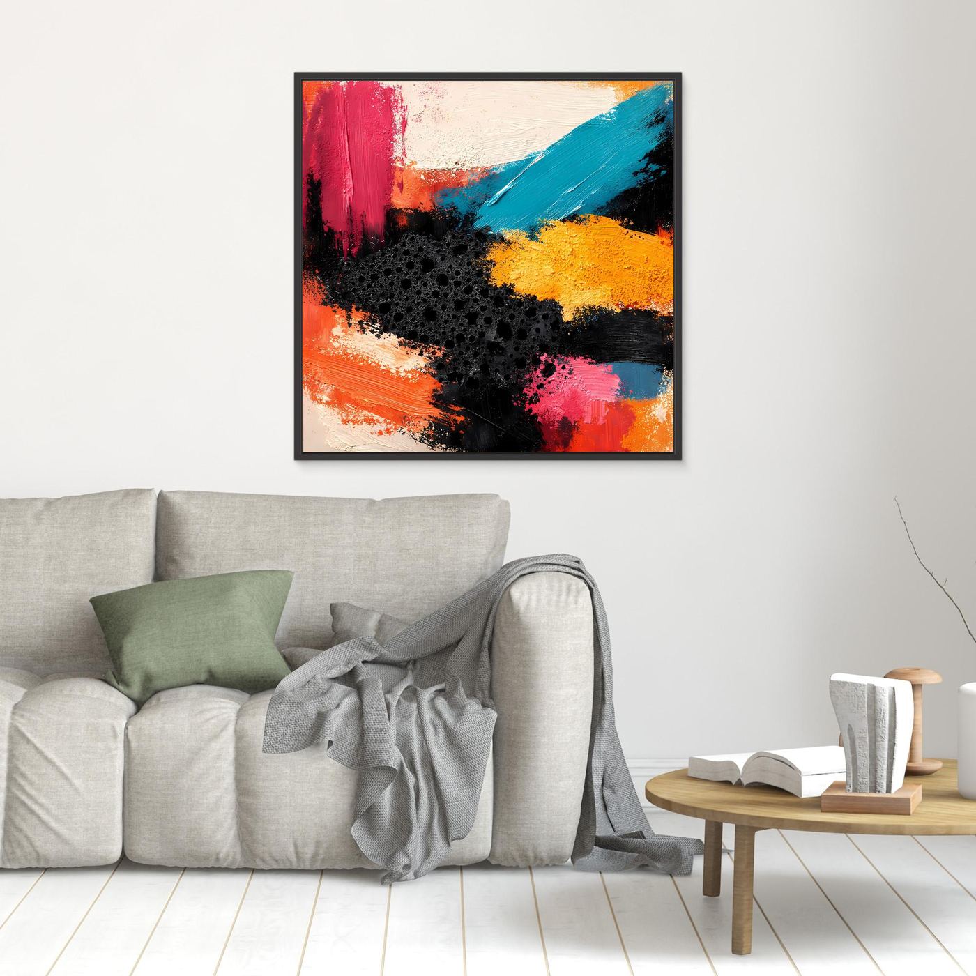 Kleines abstraktes Leinwandbild mit Farbflecken in Rot, Blau, Gelb und Schwarz, dunkel gerahmt