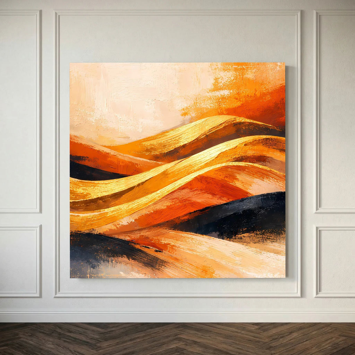Abstraktes Leinwand-Wandbild in einem weißen Rahmen, goldene Dünen in Orange und Dunkelblau