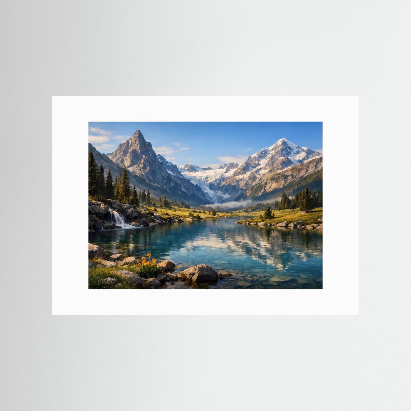 Querformat-Poster mit Alpenpanorama, Bergsee und Wasserfall, weißes Passepartout