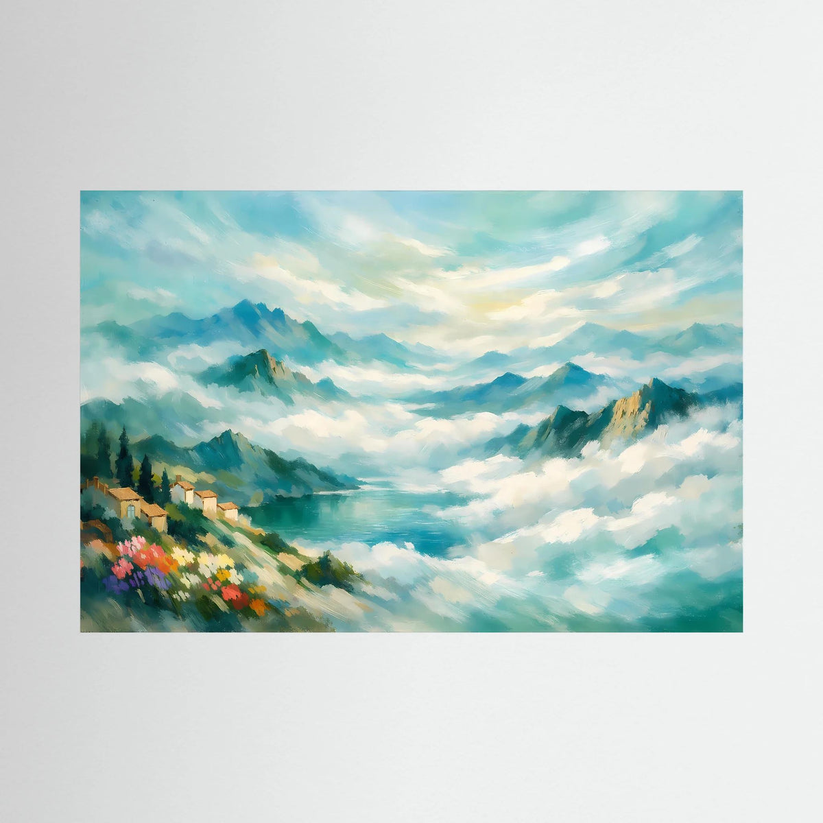 Wandbild mit nebeliger Berglandschaft in Blau- und Grüntönen, Querformat-Malerei.