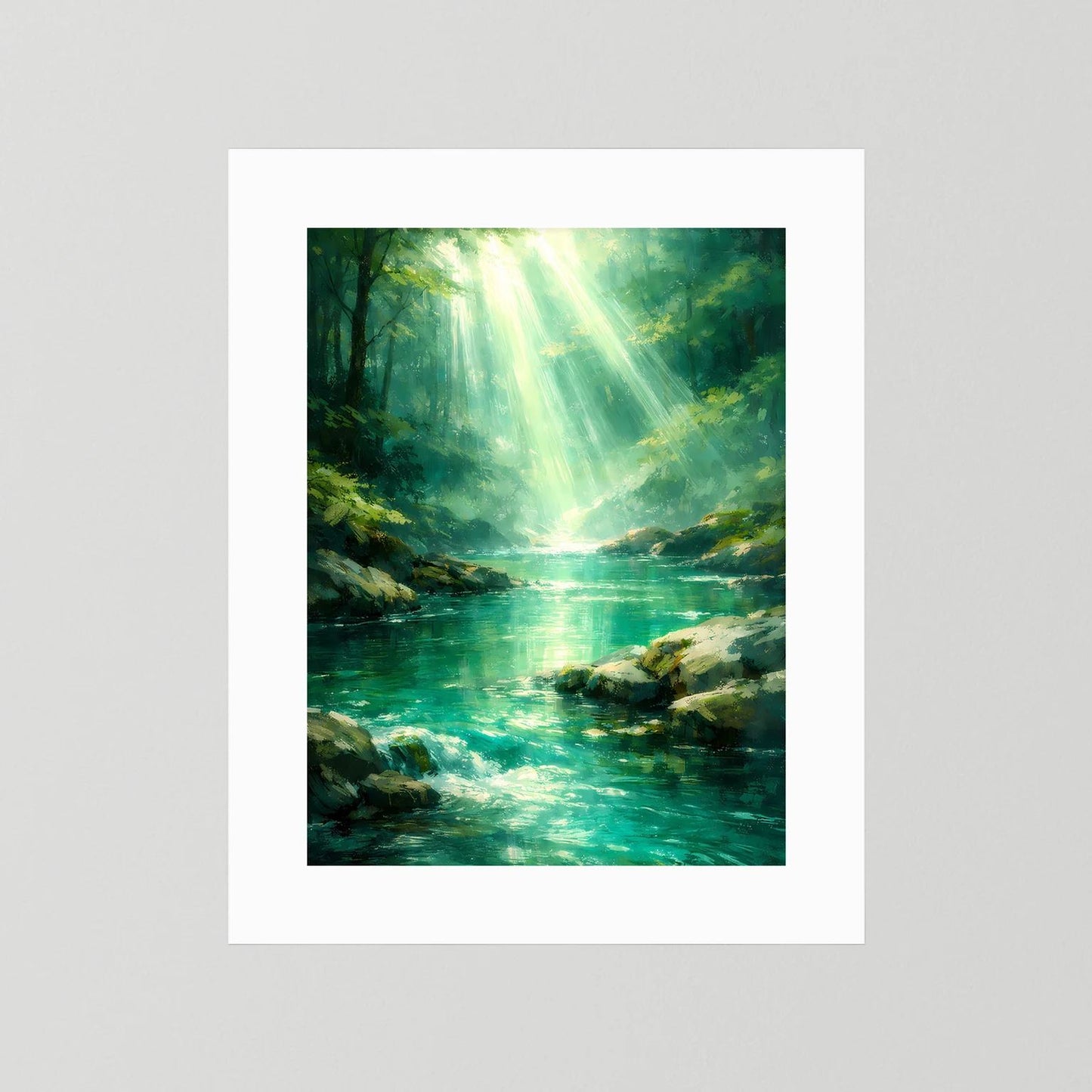 Wandbild ohne Rahmen mit weißer Einfassung: grüner Fluss im Wald und Lichtstrahlen