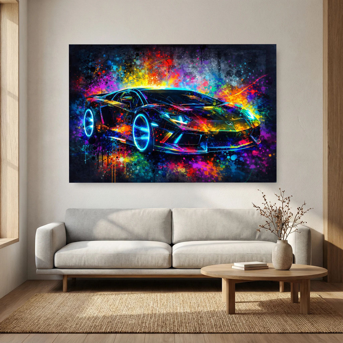 Abstraktes Sportwagen-Poster mit Neon-Supercar, leuchtenden Reifen und Farbspritzern