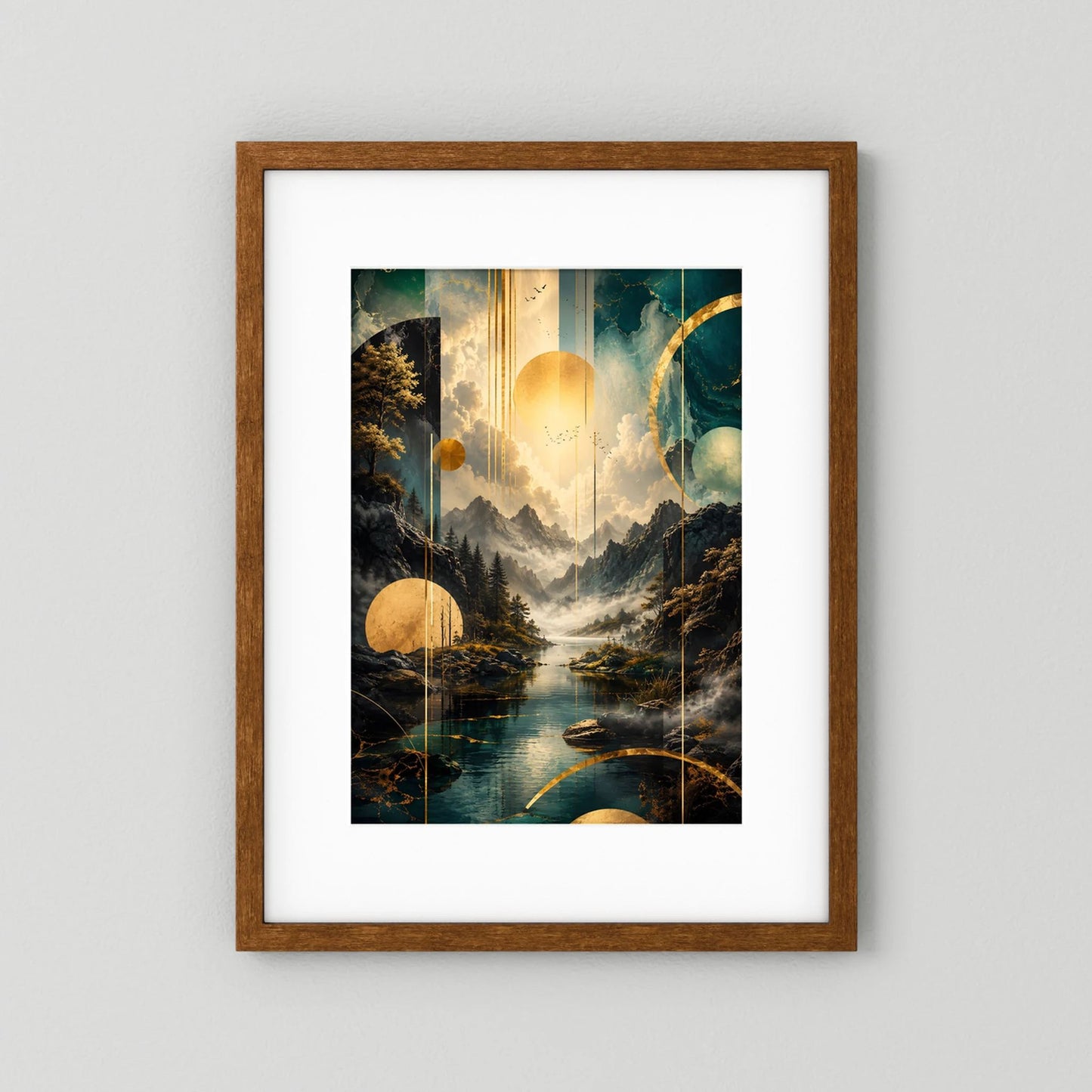 Poster im Hochformat mit braunem Holzrahmen, abstrakte Berglandschaft in Petrol & Gold.