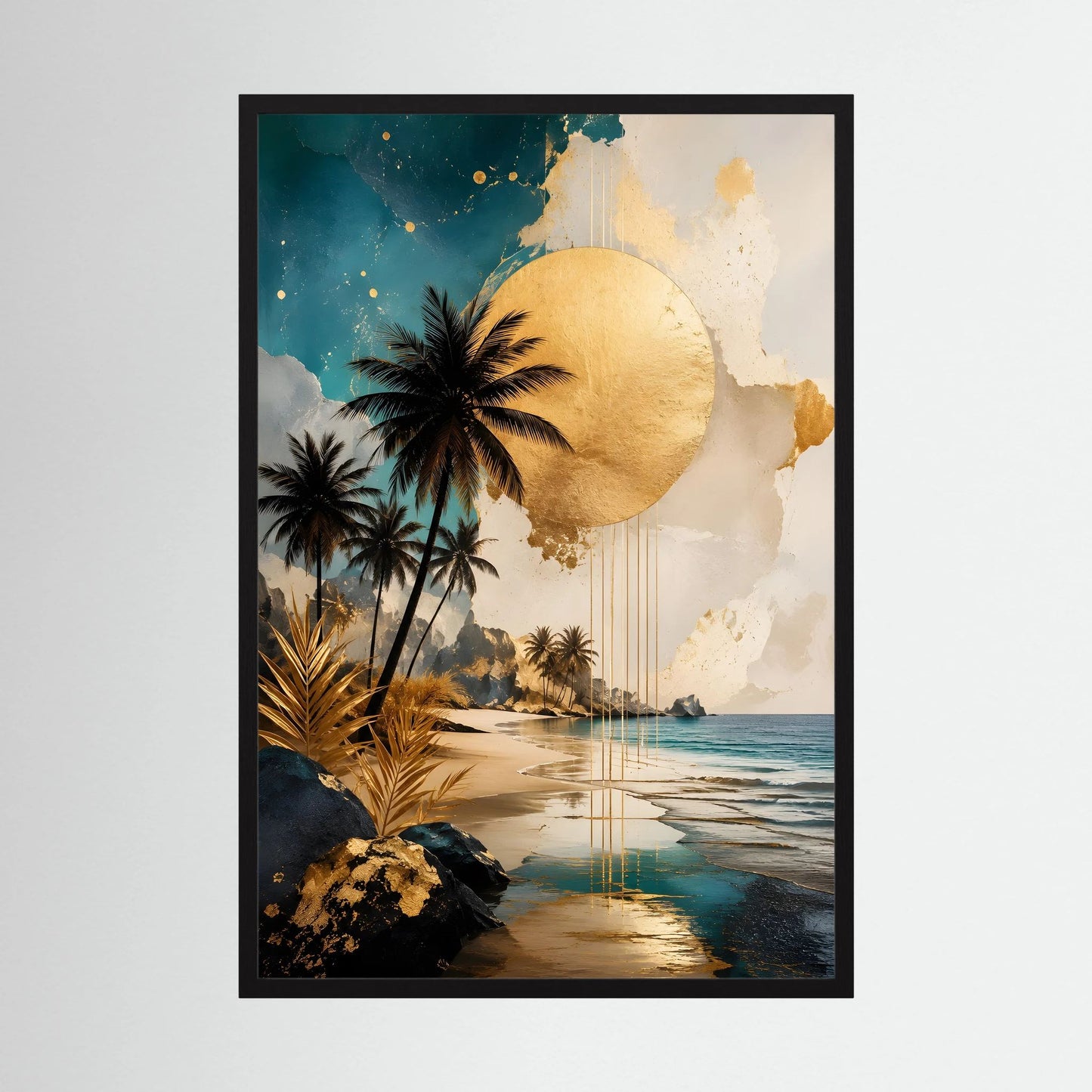 Poster mit schwarzem Rahmen: Palmen, goldene Sonne und tropischer Strand, hochformatig