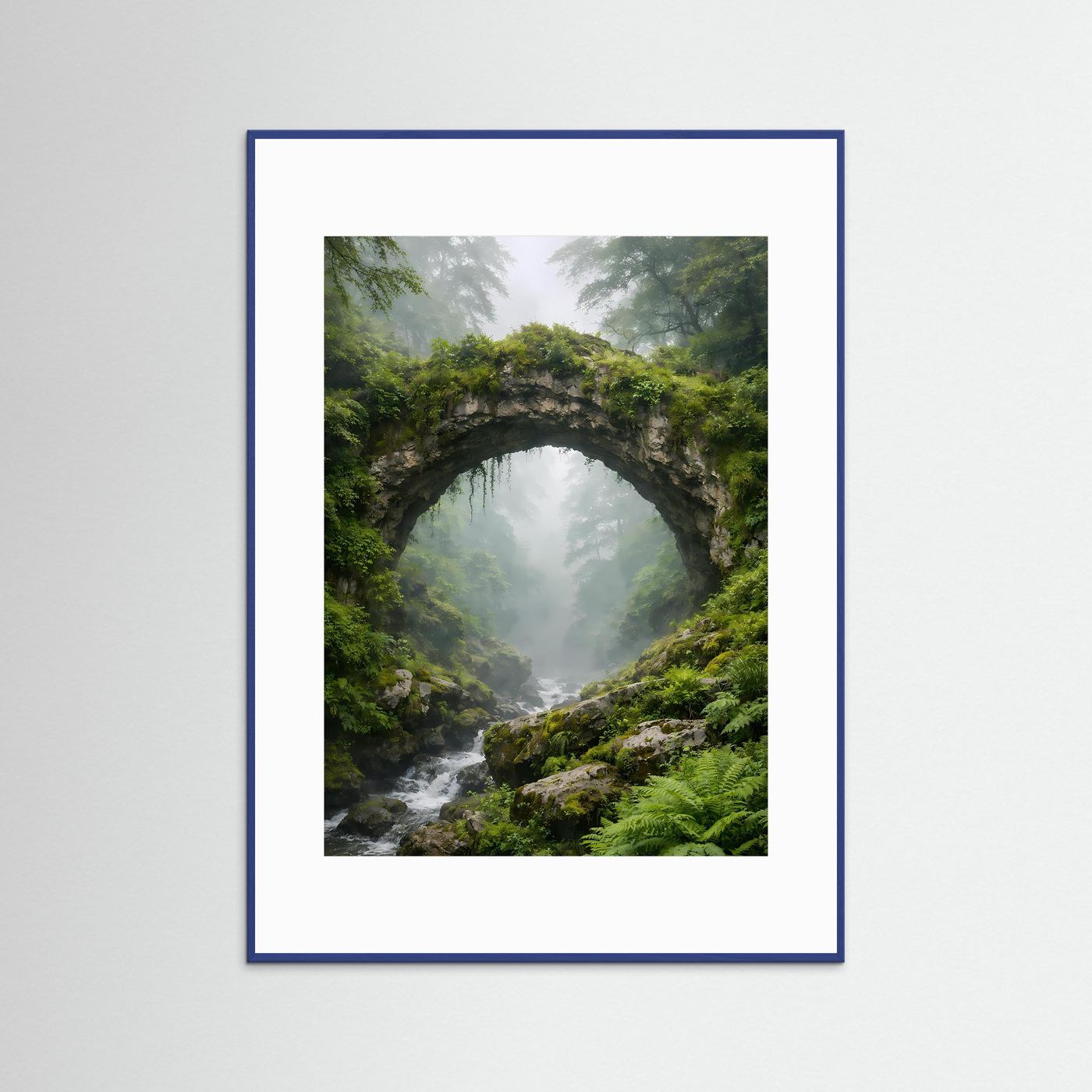 Naturposter im Hochformat mit Steinbogen und Wasserfall im Wald, blau umrahmt