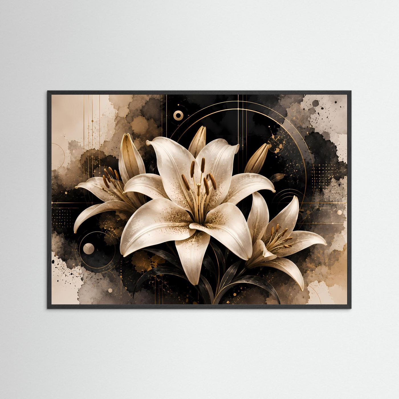 Gerahmtes Poster im Querformat mit weißen Lilienblüten, schwarzer Rahmen, Beige & Schwarz
