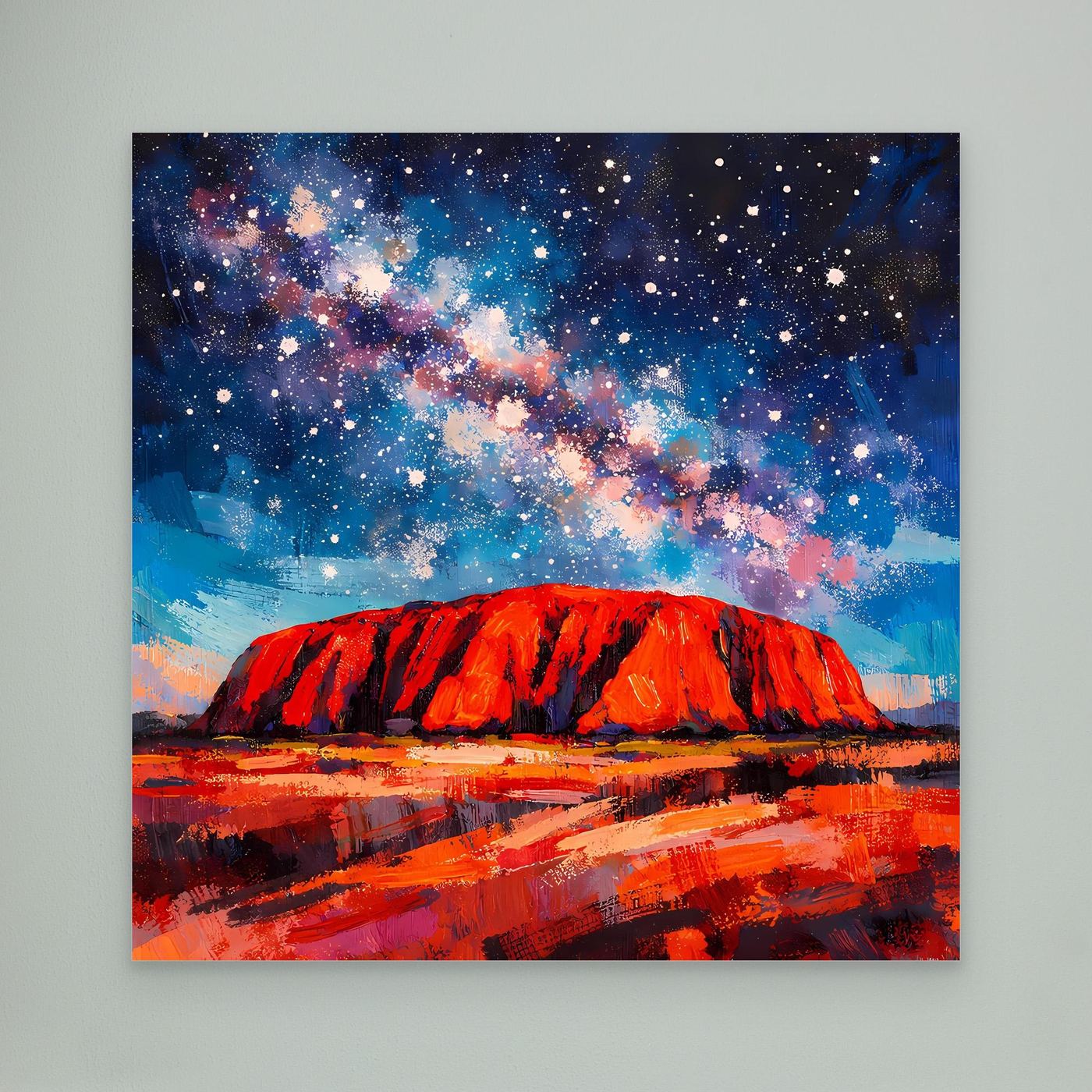 Abstraktes Wandbild auf Leinwand: roter Felsen und Sternenhimmel, ohne Rahmen.
