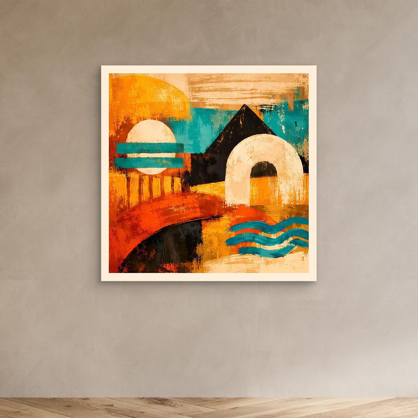 Abstraktes Leinwandbild mit buntem Gesicht, hellweißer Rahmen, orange und türkis.