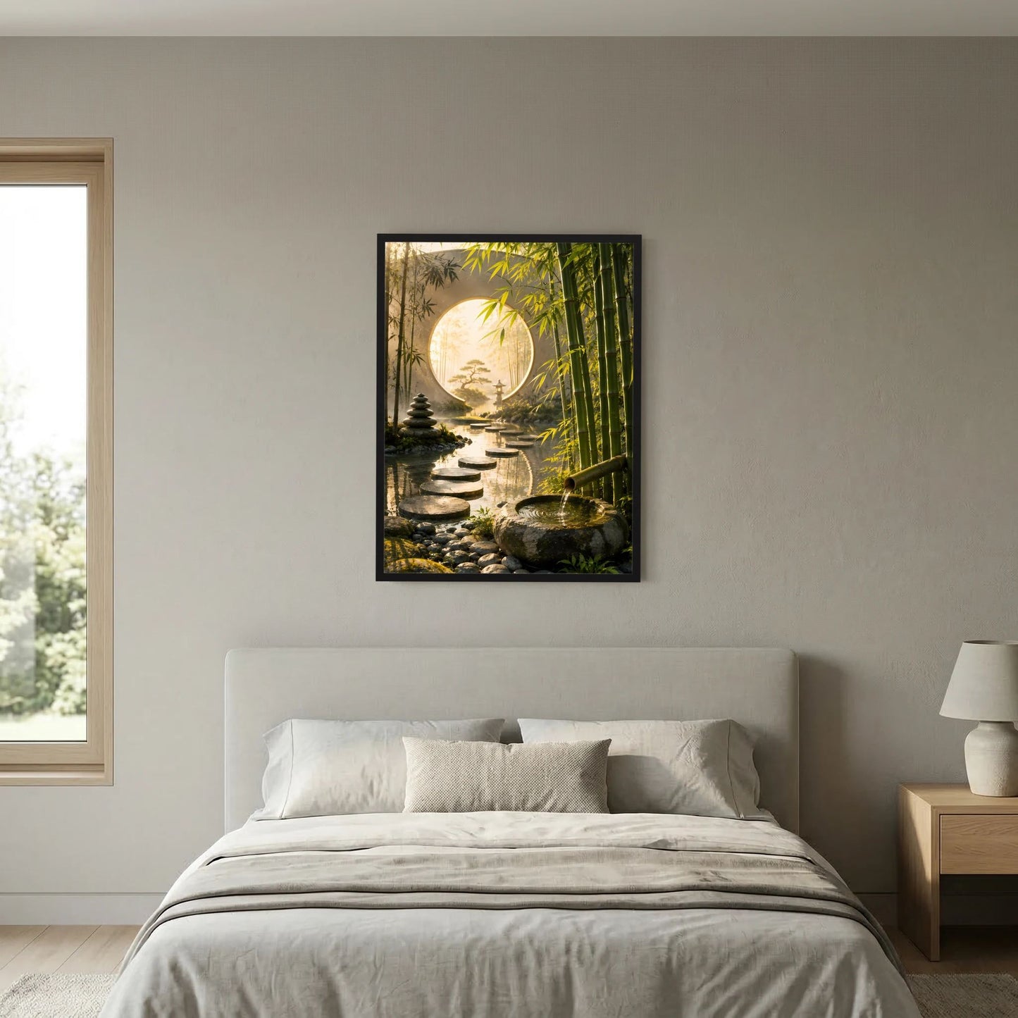 Gerahmtes Hochformat-Poster: Mondkreis über Zen-Garten mit Steinen und Kiesweg