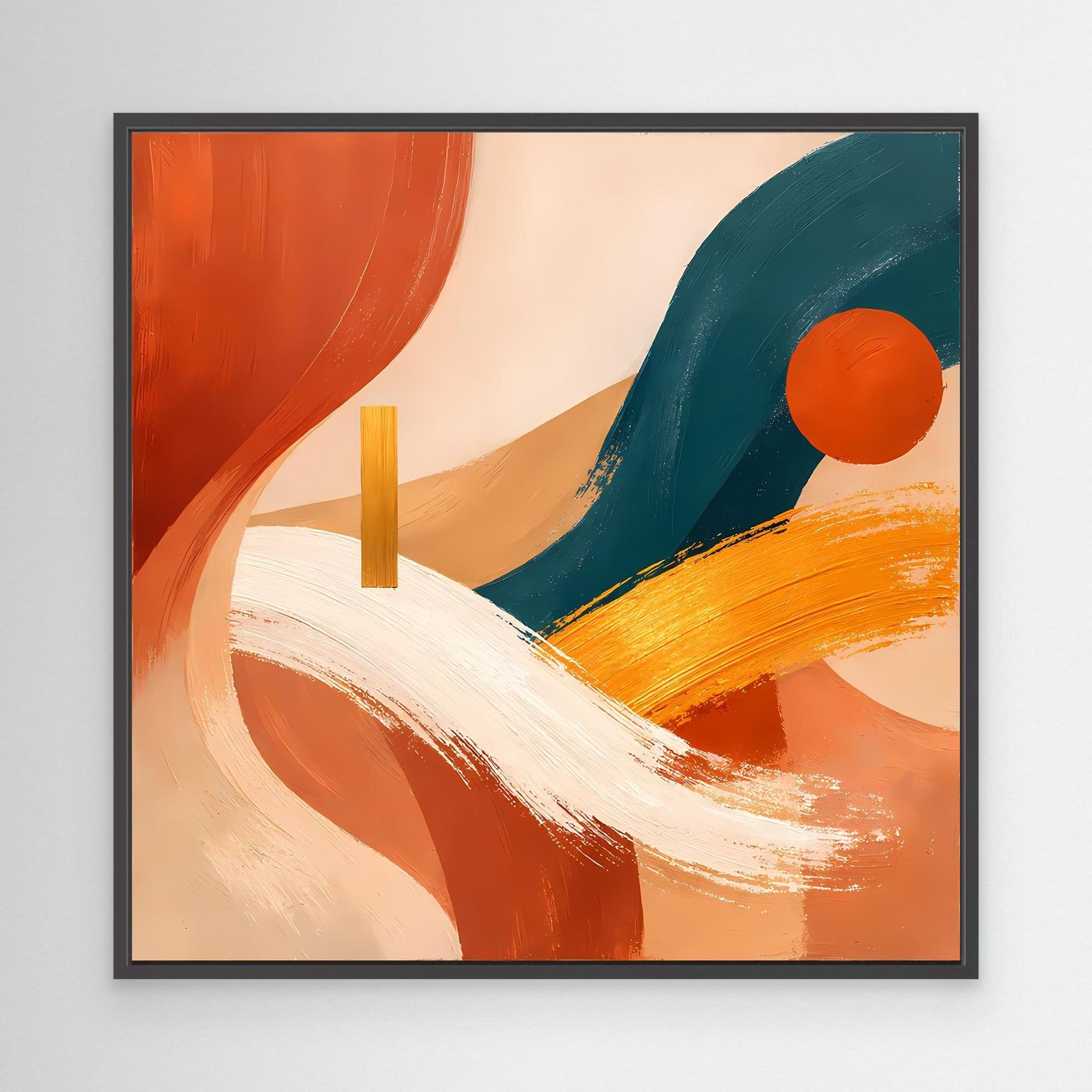 Abstraktes Wandbild auf Leinwand mit schwarzem Rahmen; Terrakotta, Petrol, Orange-Kreis