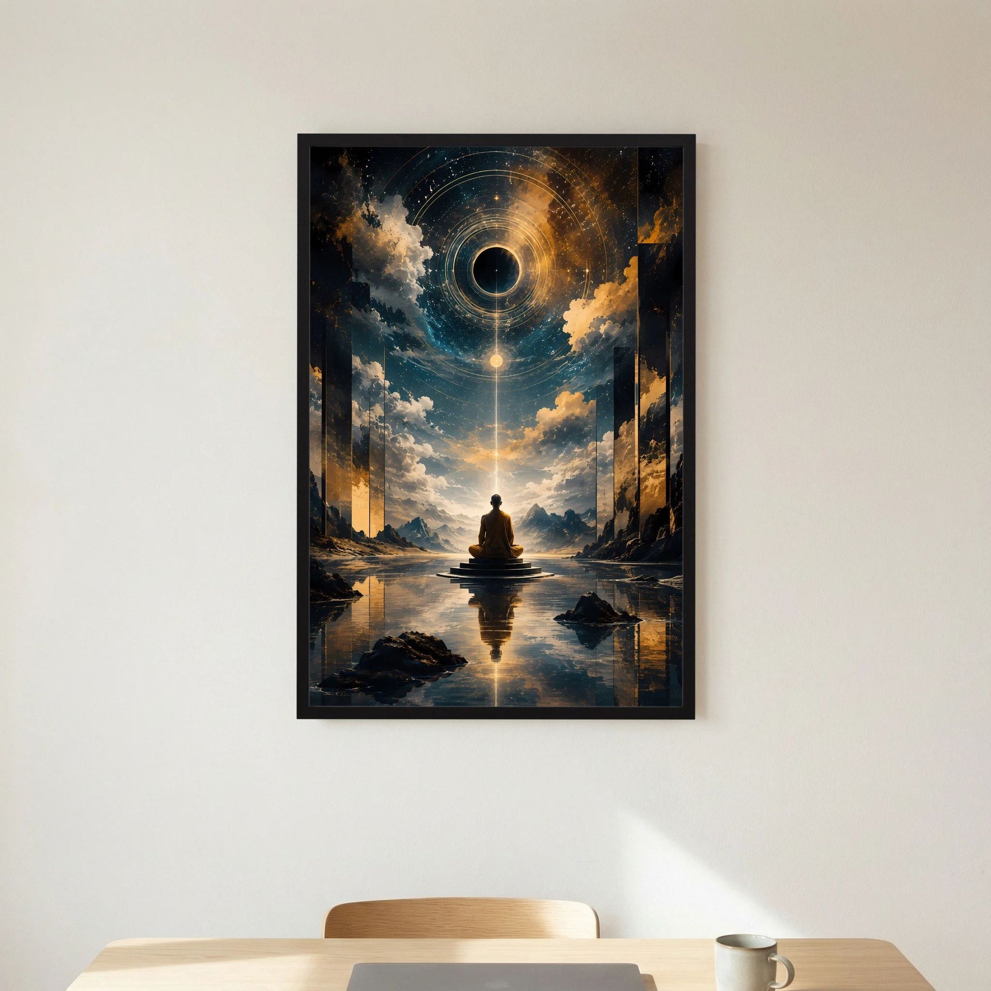 Hochformatiges Poster mit Mönch im Lotussitz und Lichtportal über Wasser, schwarzer Rahmen