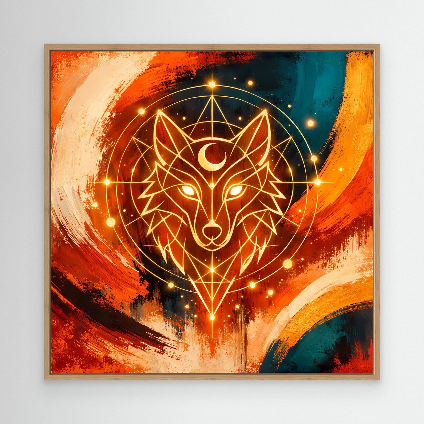 Leinwand-Wandbild mit geometrischem Wolf im Kosmos-Look, Holzrahmen in Hellbraun