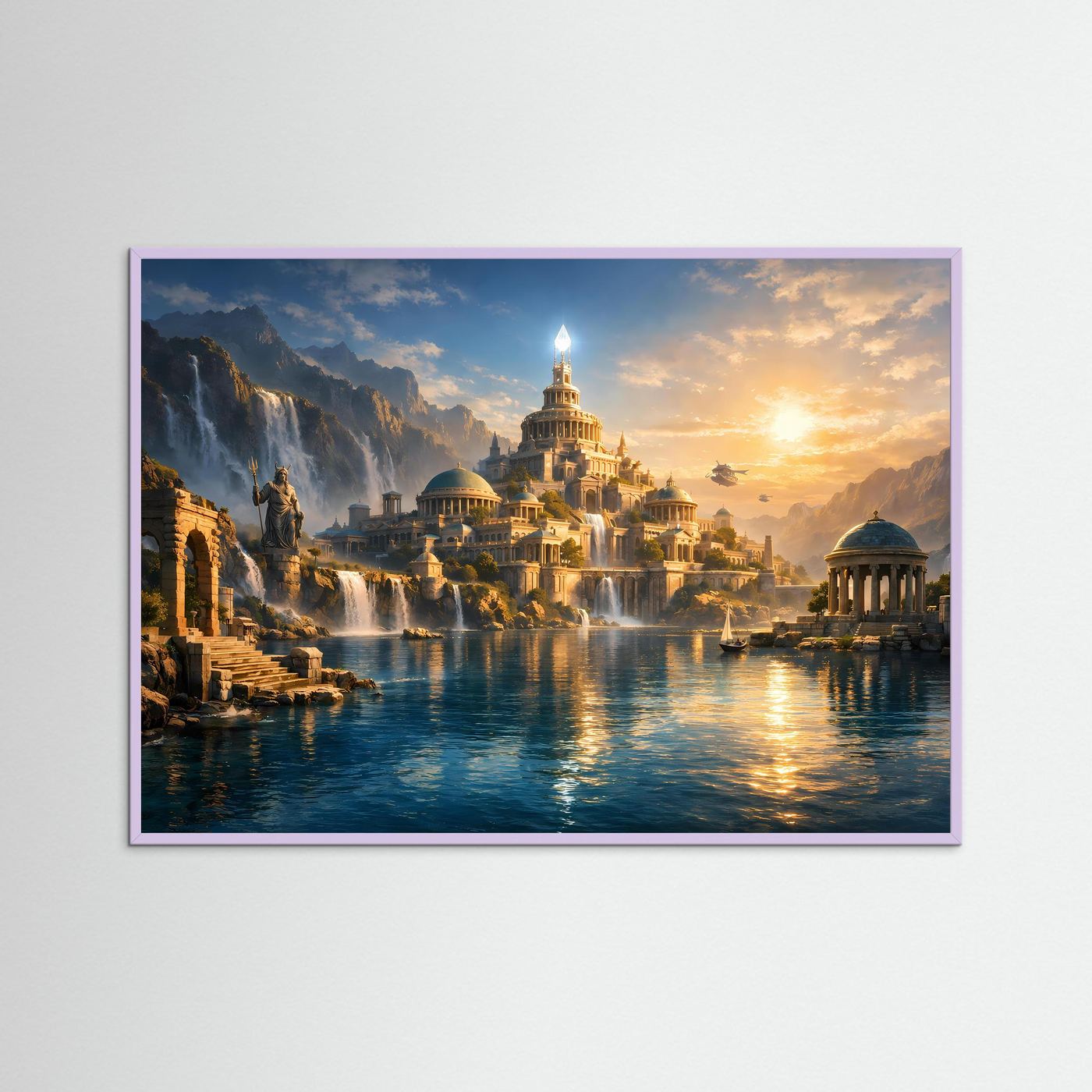 Fantasy-Poster im Querformat mit violettem Rahmen: versunkene Stadt bei Abendsonne