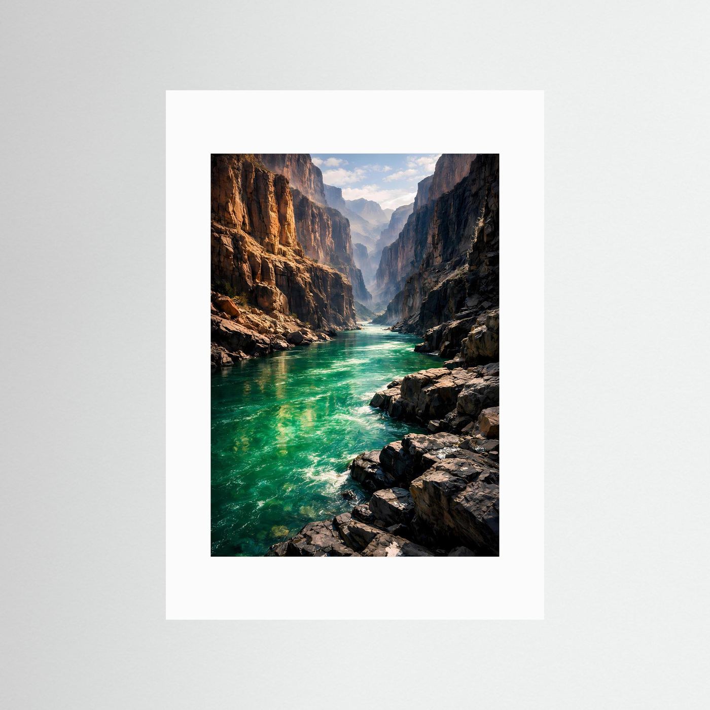 Wandbild Canyonfluss mit türkisgrünem Wasser und Felswänden im weißen Passepartout