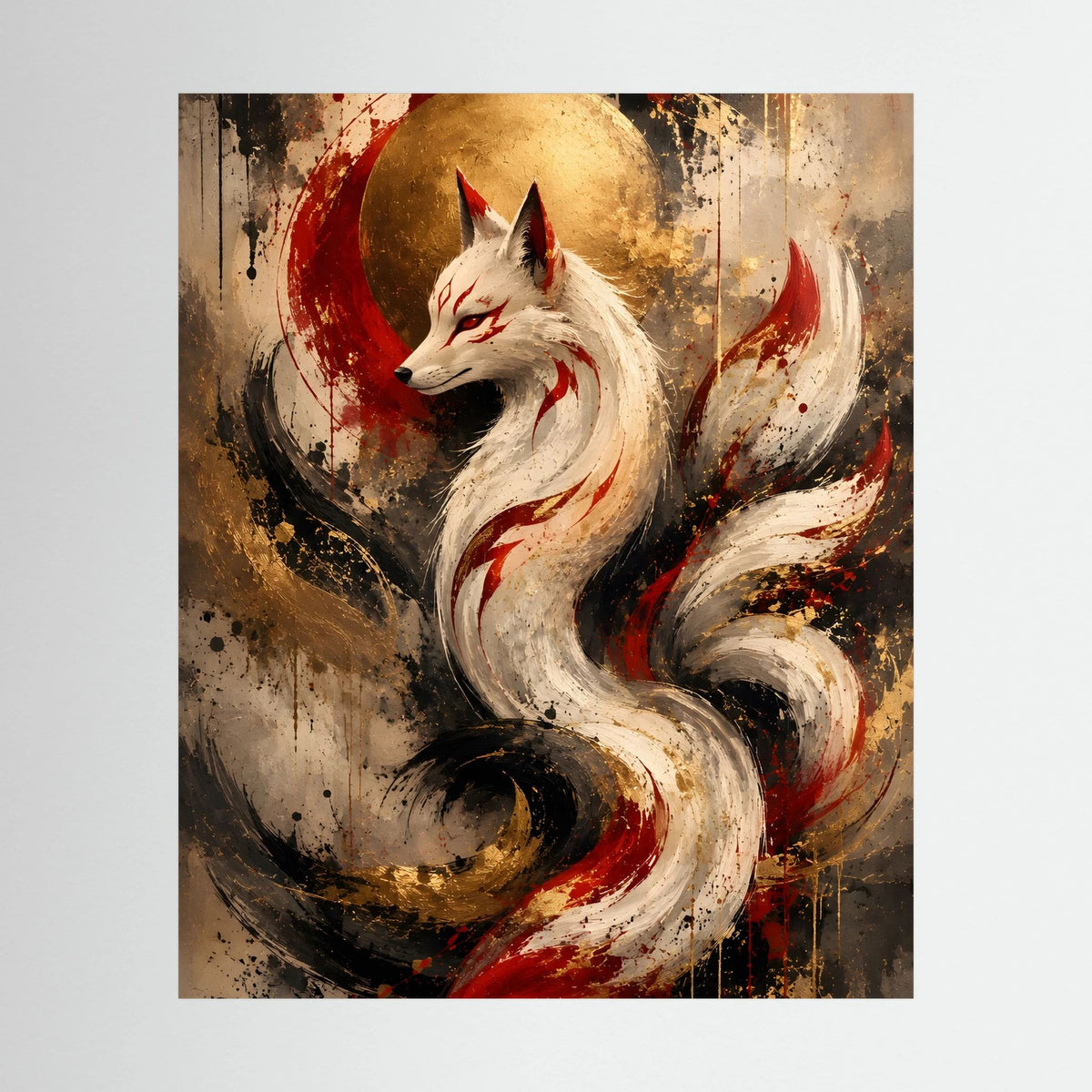 Kunstposter mit weißem Fuchs, rot-goldenen Flammen, im Kreis vor dunklem Hintergrund