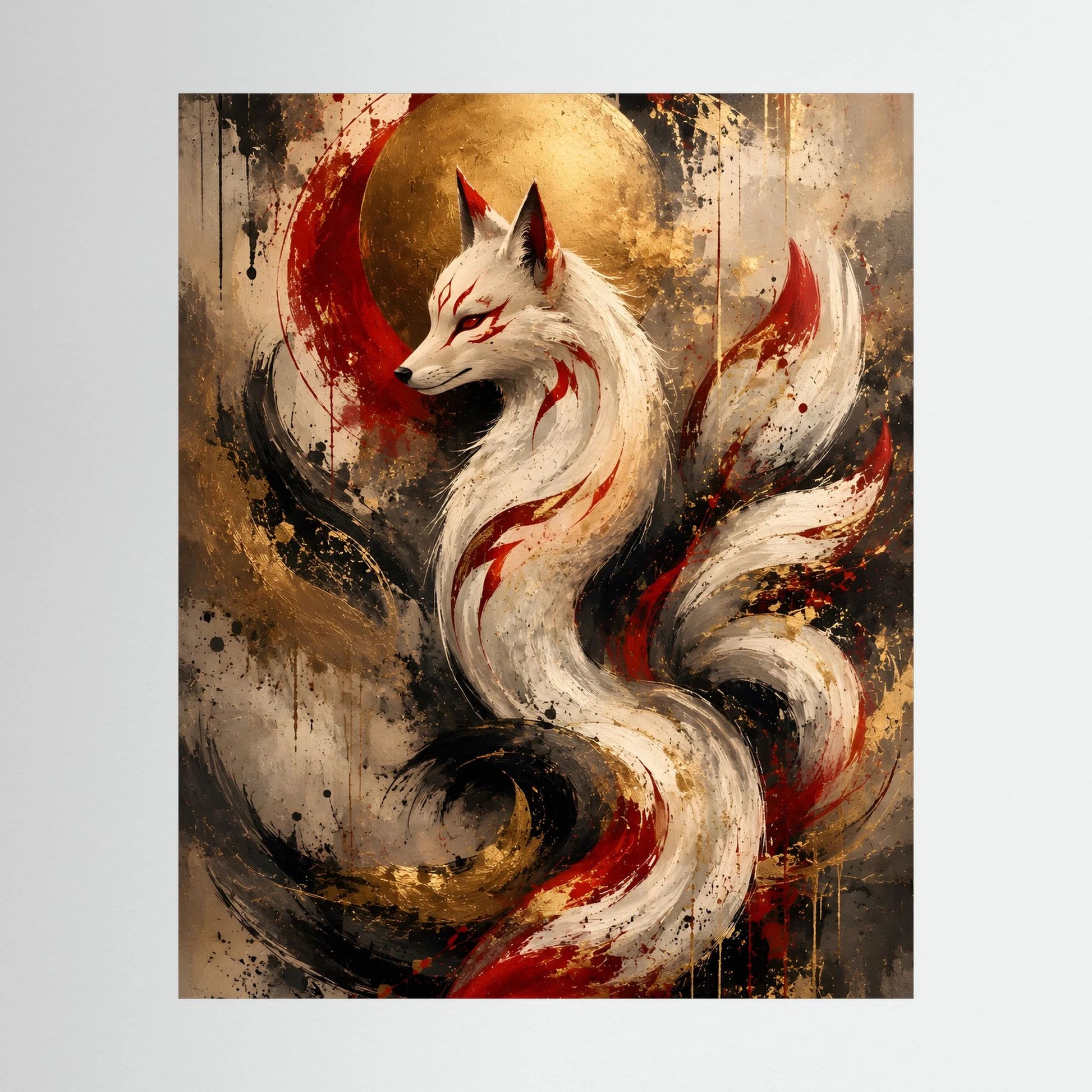 Kunstposter mit weißem Fuchs, rot-goldenen Flammen, im Kreis vor dunklem Hintergrund