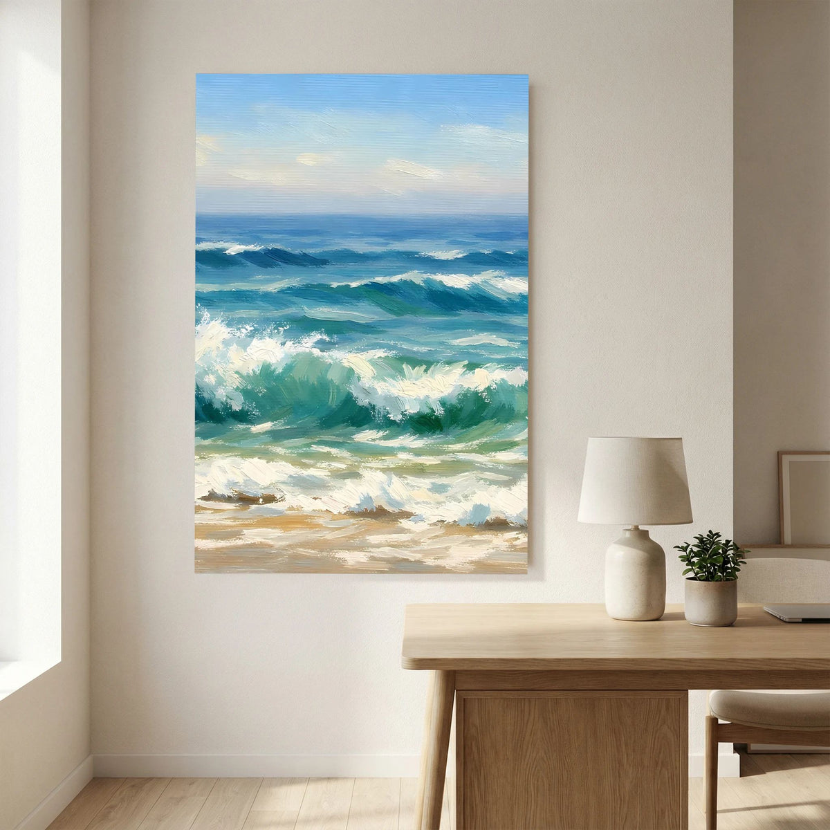 Hochformatiges Poster: Meereswellen in Blau und Grün mit weitem Horizont
