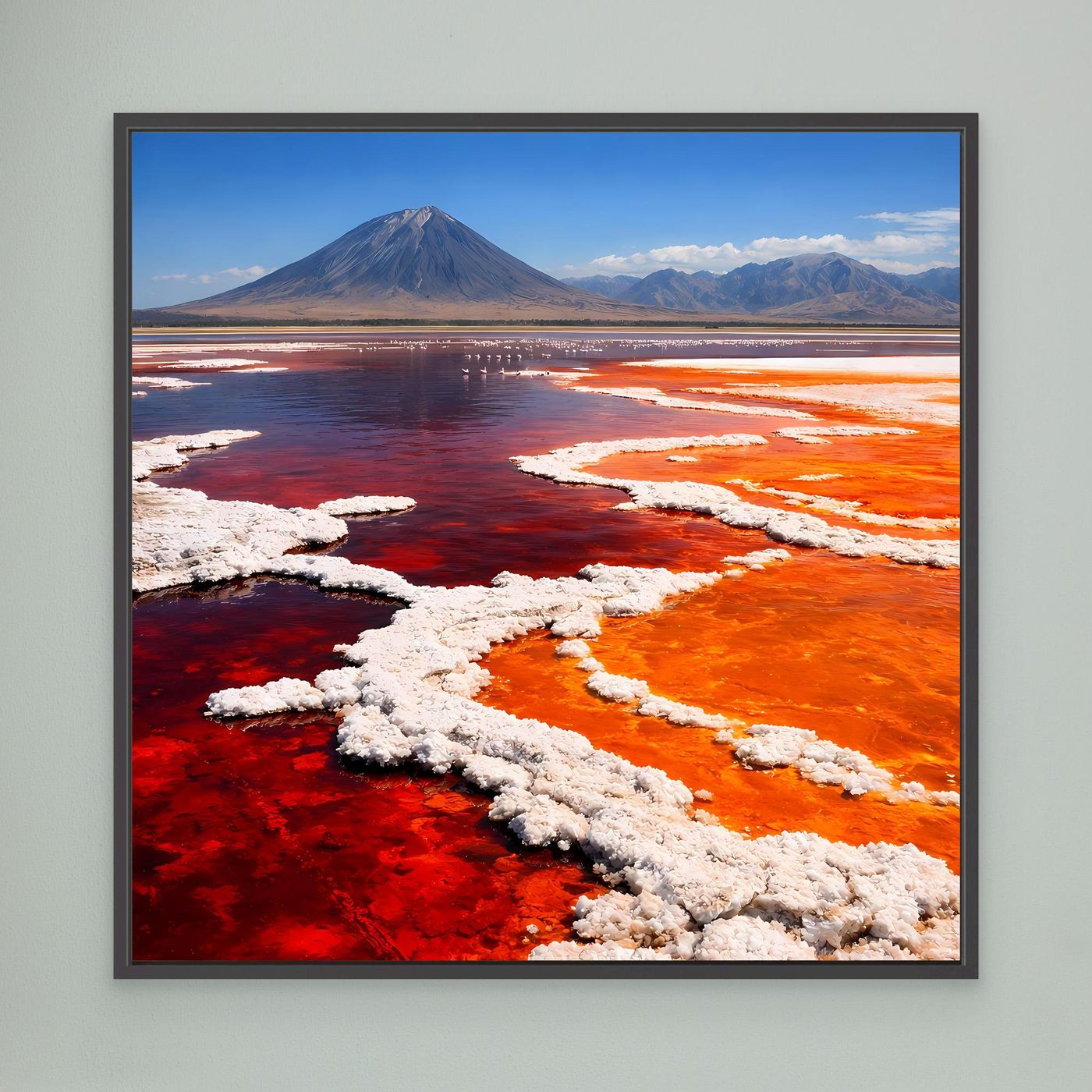 Gerahmtes Leinwandbild mit Vulkan über rotem Salzsee, orange Wasserflächen und weiße Ränder, schwarz