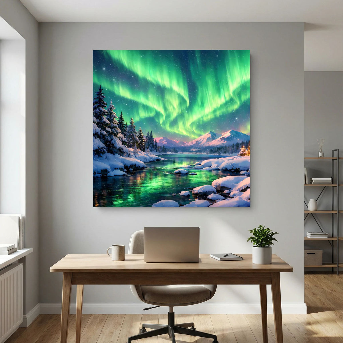 Leinwandbild auf Holzkeilrahmen mit grünen Polarlichtern, Bergen und glitzerndem Wasser