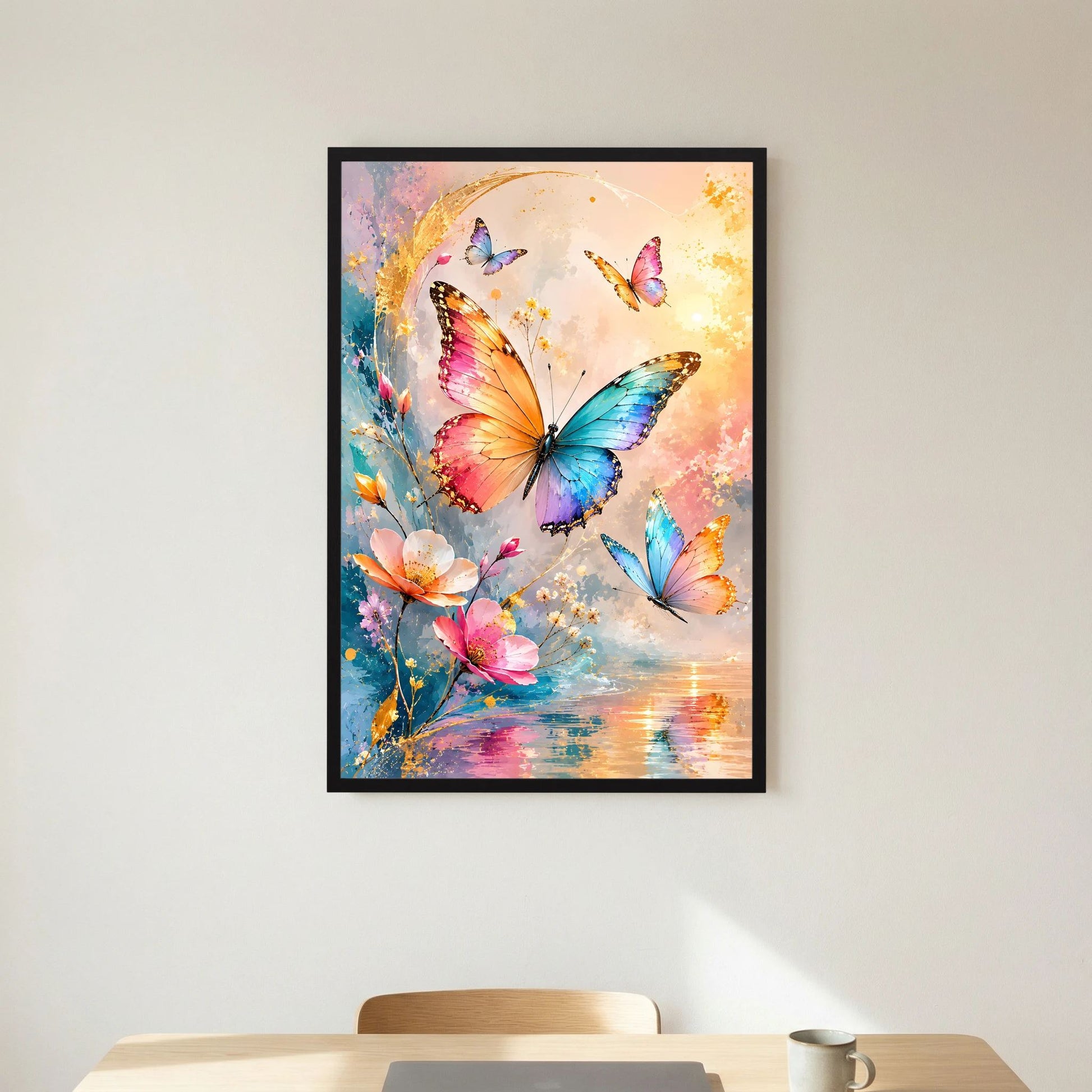 Schmetterlingsposter Hochformat mit großen bunten Schmetterlingen und Blüten im schwarzen Rahmen