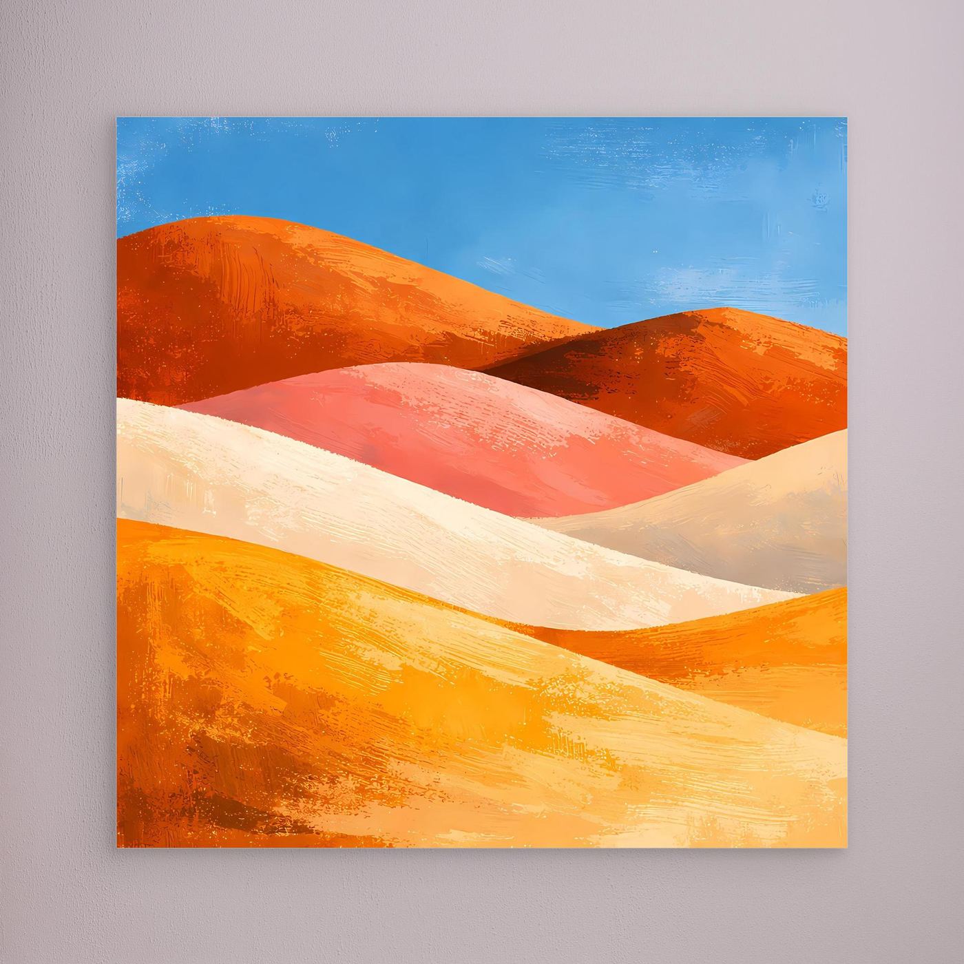 Abstraktes Wandbild auf Leinwand mit Dünen in Orange und Rosa, ohne sichtbaren Rahmen