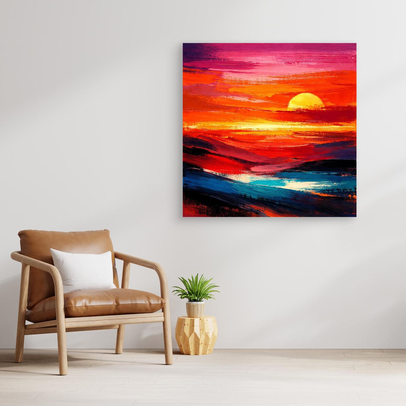 Rechteckiges Leinwandbild mit Rahmen, abstraktes Meer mit gelber Sonne und farbigem Himmel