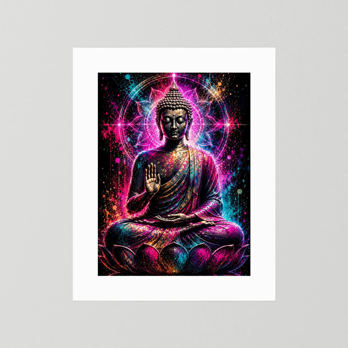 Hochformatiges Buddha-Neonmandala-Poster mit weißem Rand: Meditationsbuddha auf Lotus, pink/türkis