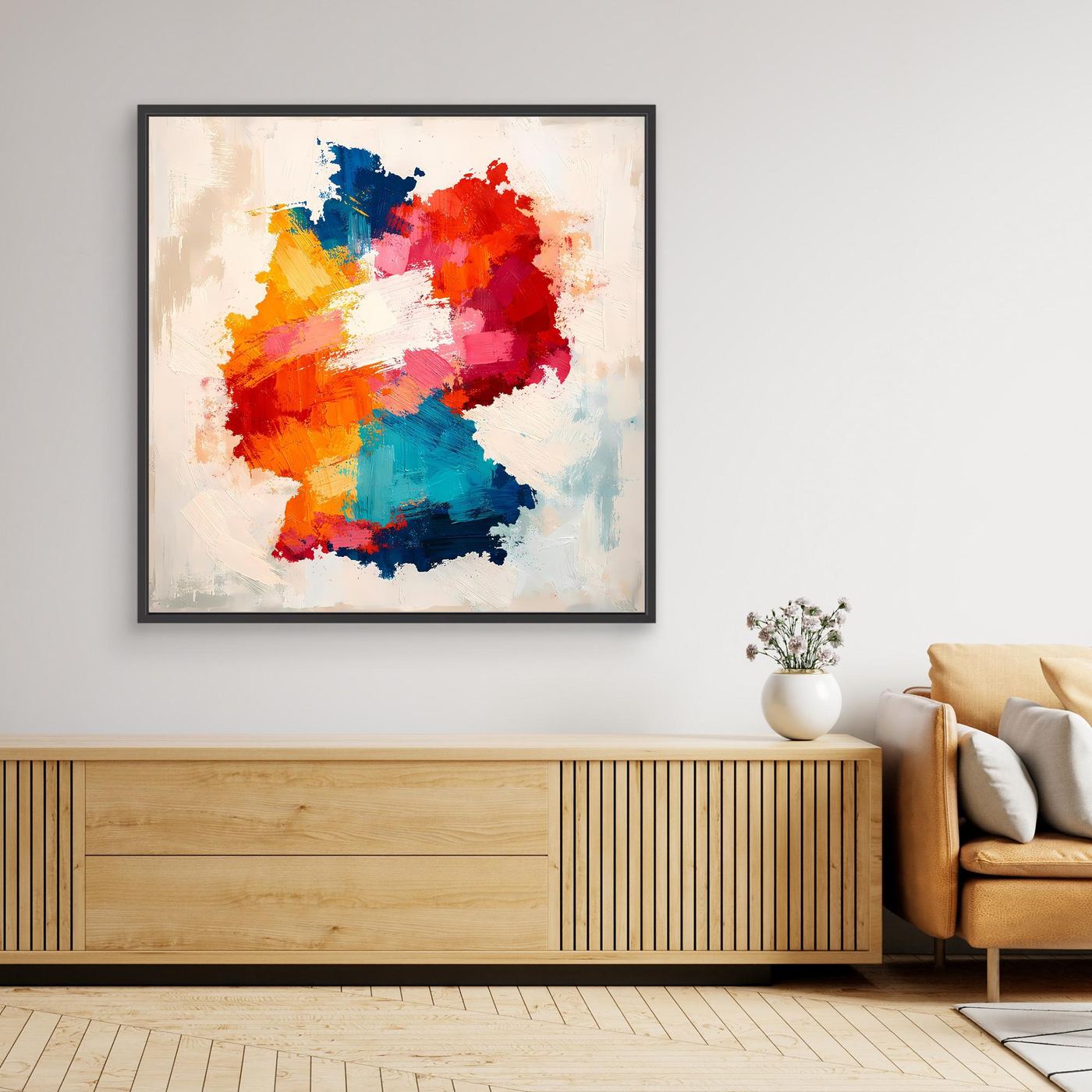 Abstract Germany map canvas wall art with multicolor paint splashes, black frame