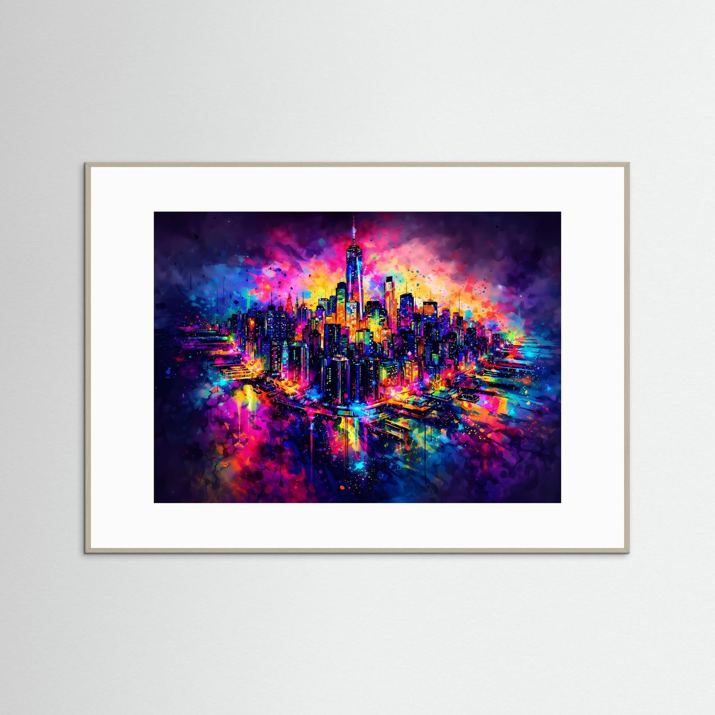 Abstrakte Manhattan Skyline & One World Trade Center | Neon Pop Art Wanddeko Querformat
